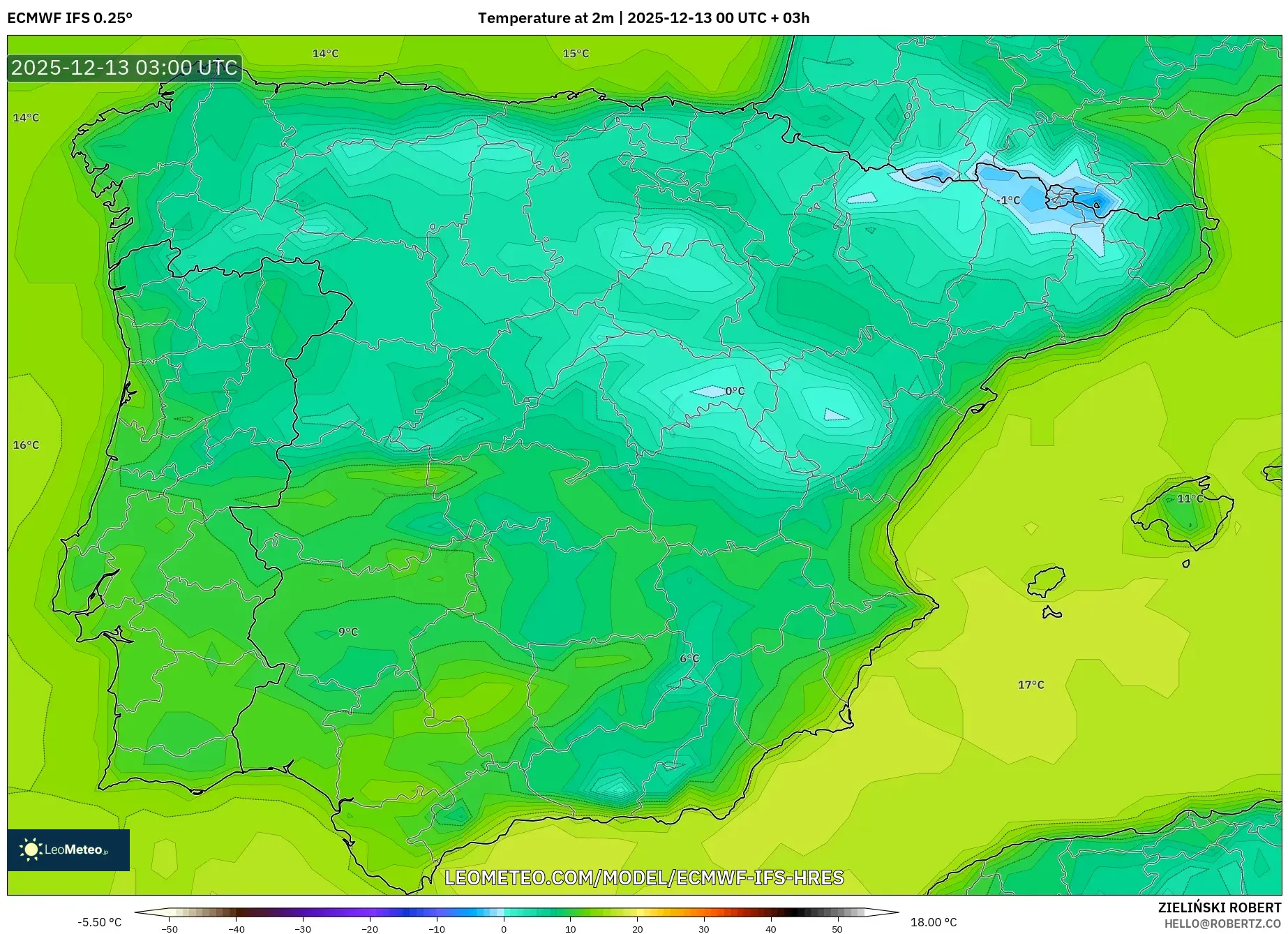 ECMWF IFS 0.25° model - Spain, Temperature at 2m