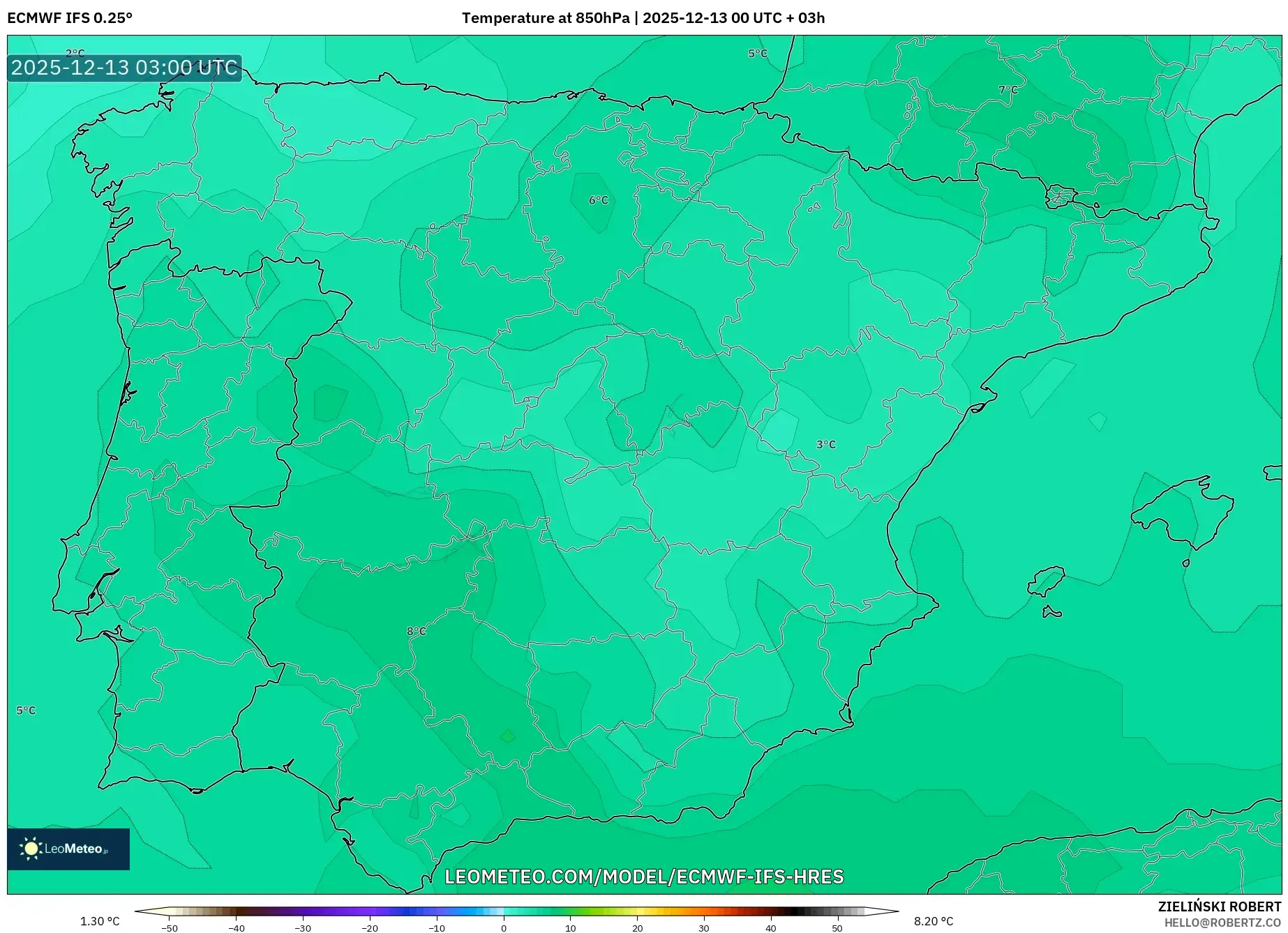 ECMWF IFS 0.25° model - Spanyol, Suhu 850 hPa