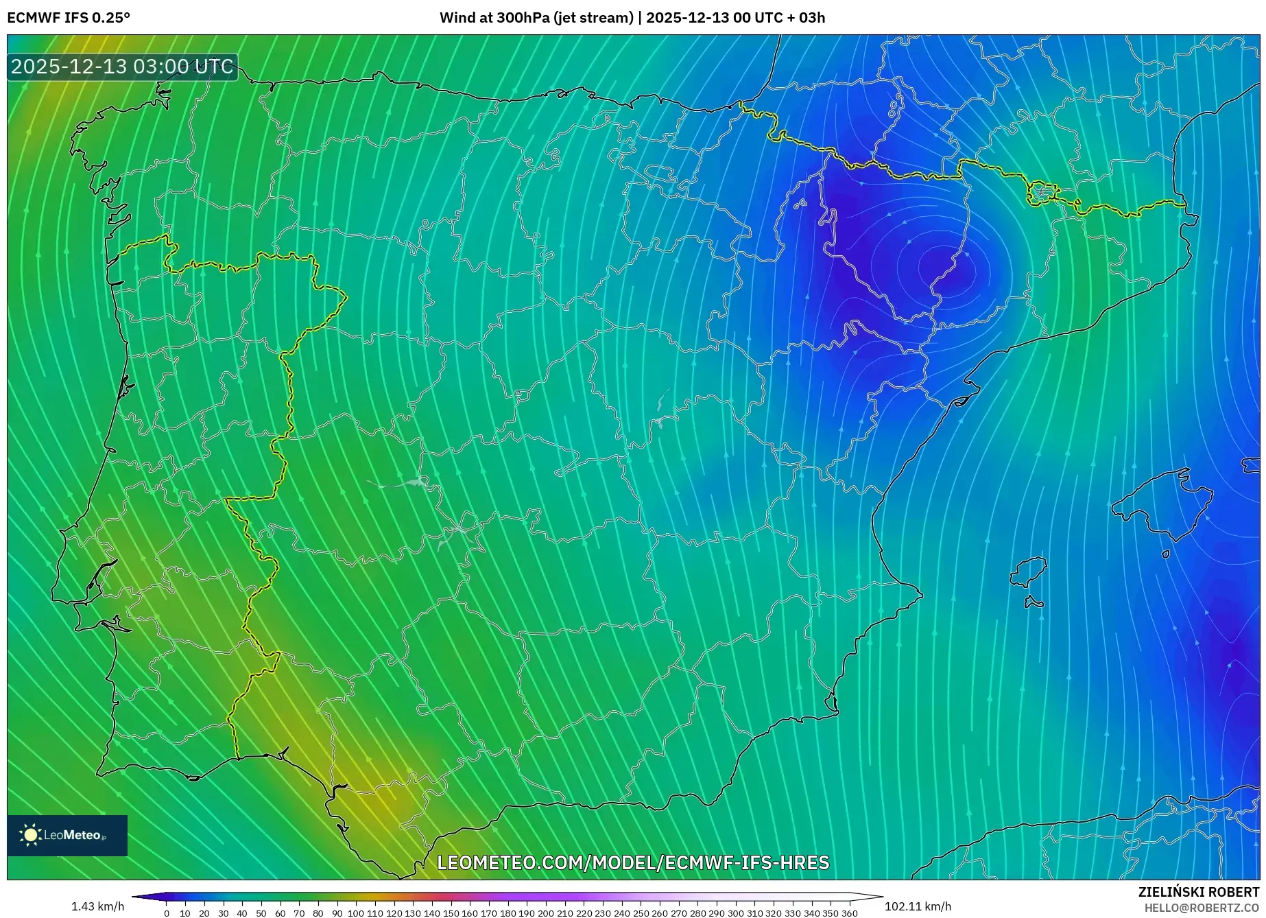 ECMWF IFS 0.25° model - Spanyol, Angin 300 hPa (aliran jet)
