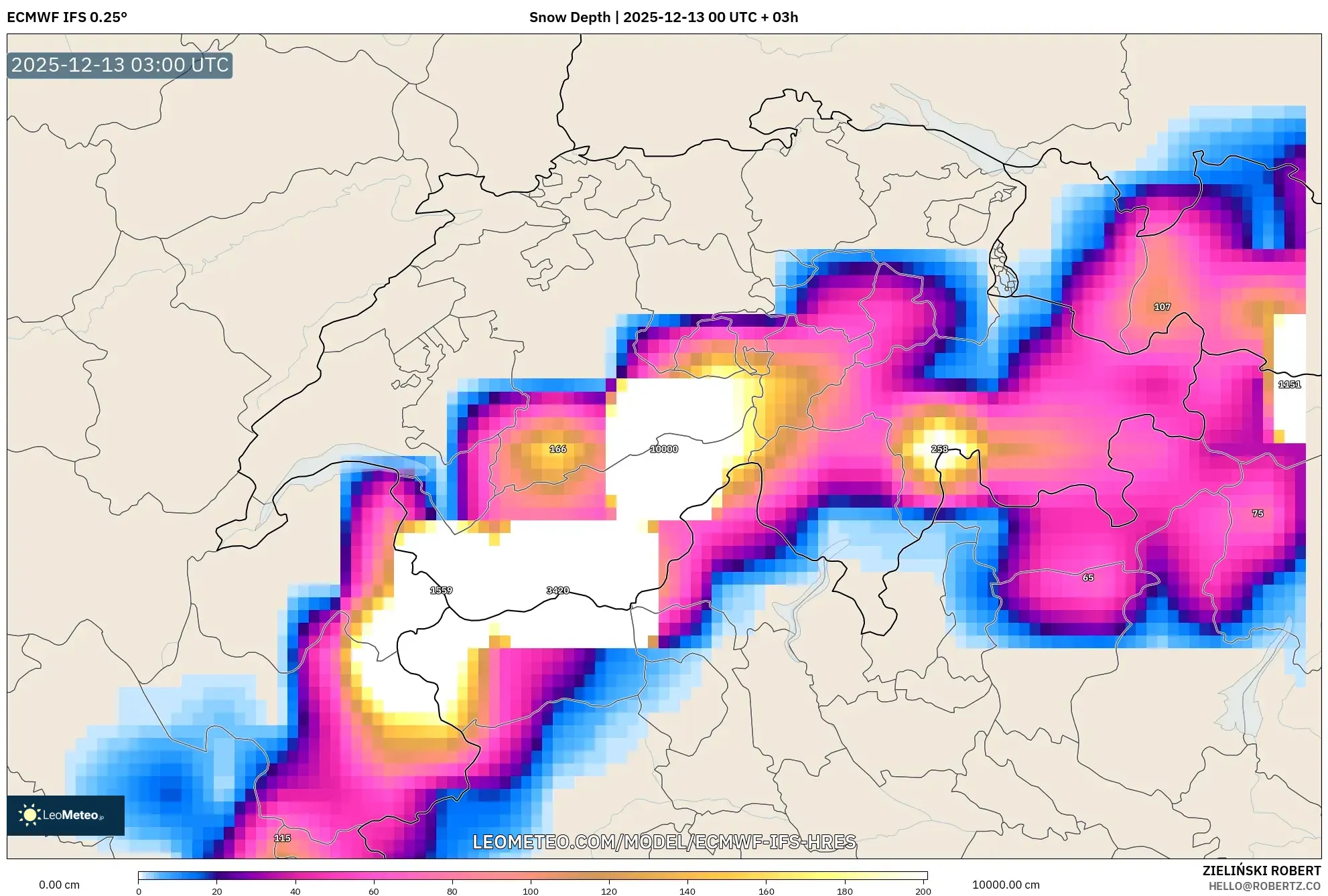 ECMWF IFS 0.25° model - Swiss, Kedalaman Salju