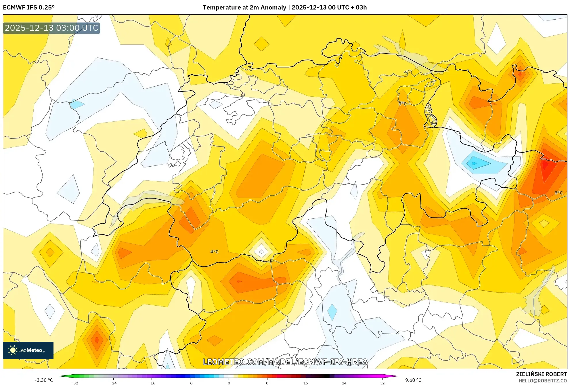ECMWF IFS 0.25° model - Swiss, Anomali Suhu 2 m