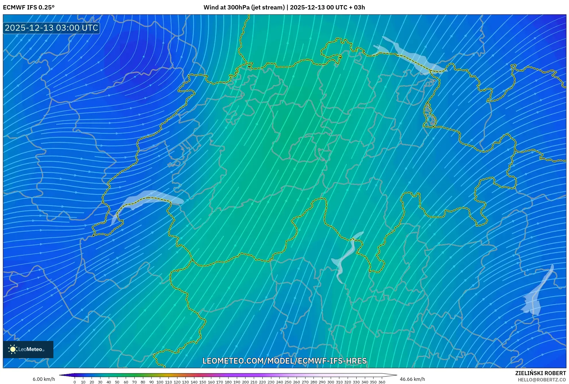 ECMWF IFS 0.25° model - Swiss, Angin 300 hPa (aliran jet)