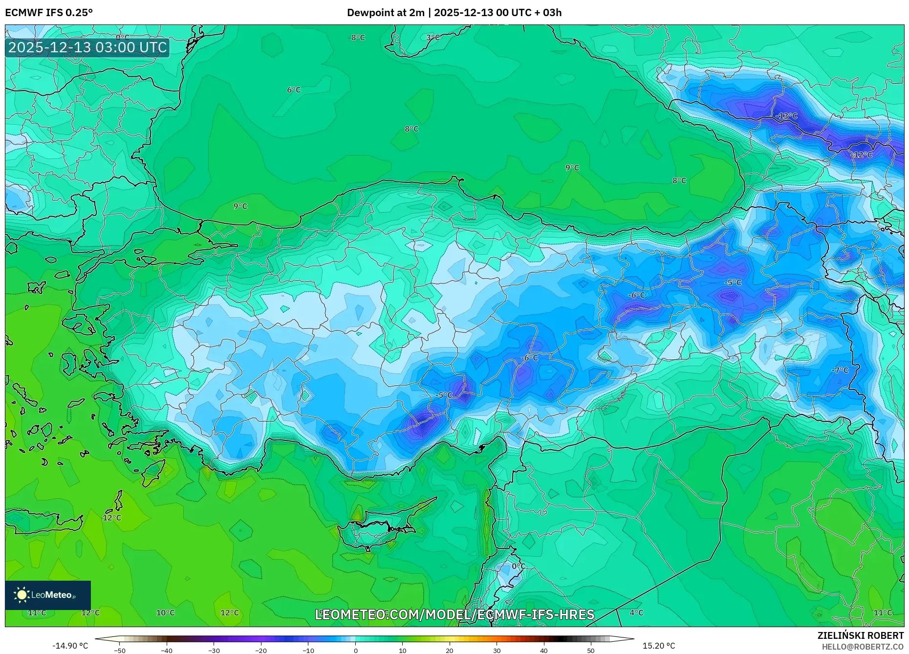 ECMWF IFS 0.25° model - Turki, Titik Embun 2 m