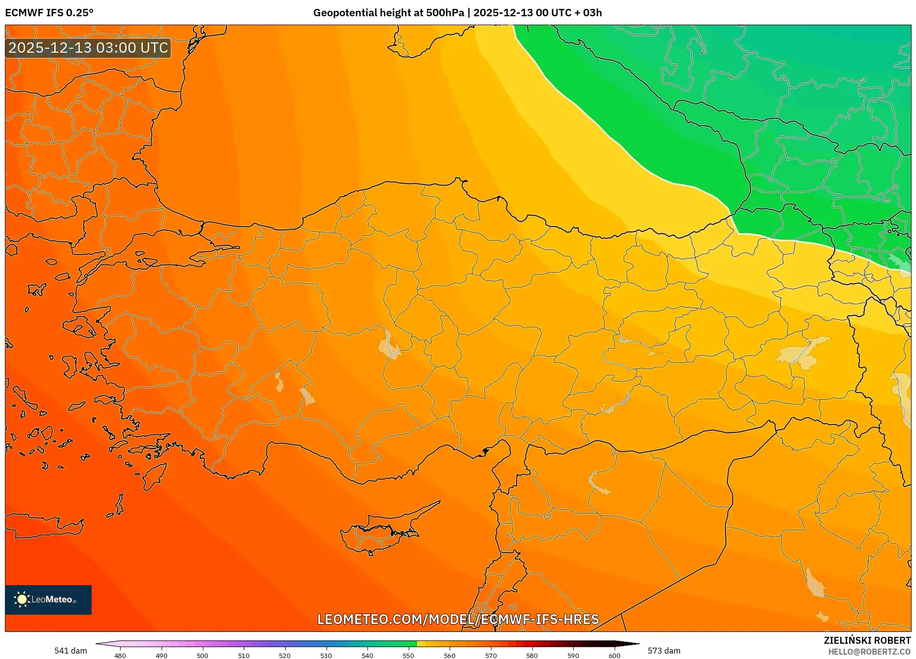 ECMWF IFS 0.25° model - Turki, Ketinggian geopotensial pada 500 hPa