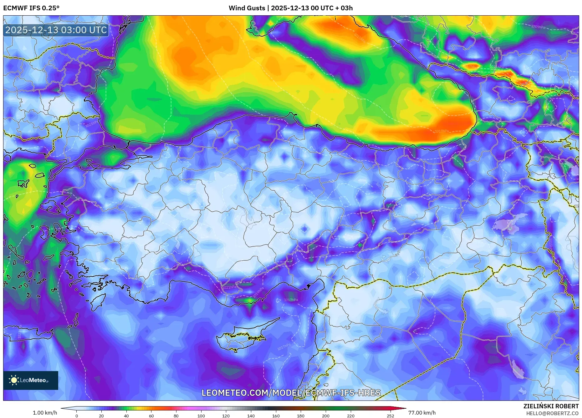 ECMWF IFS 0.25° model - Turkey, Wind Gusts