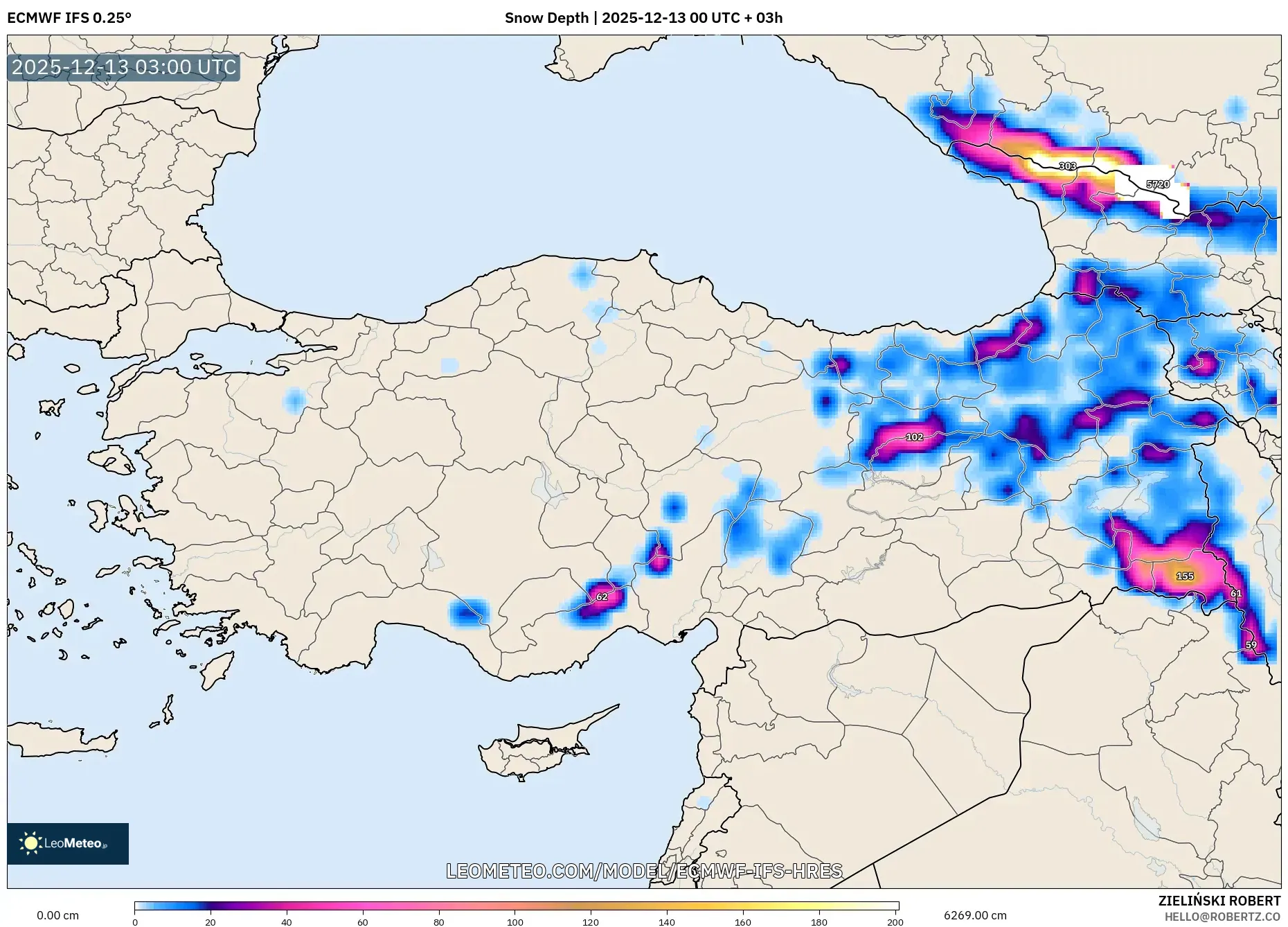 ECMWF IFS 0.25° model - Turki, Kedalaman Salju