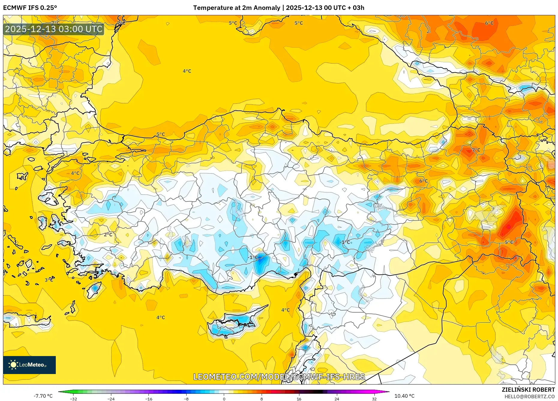 ECMWF IFS 0.25° model - Turki, Anomali Suhu 2 m