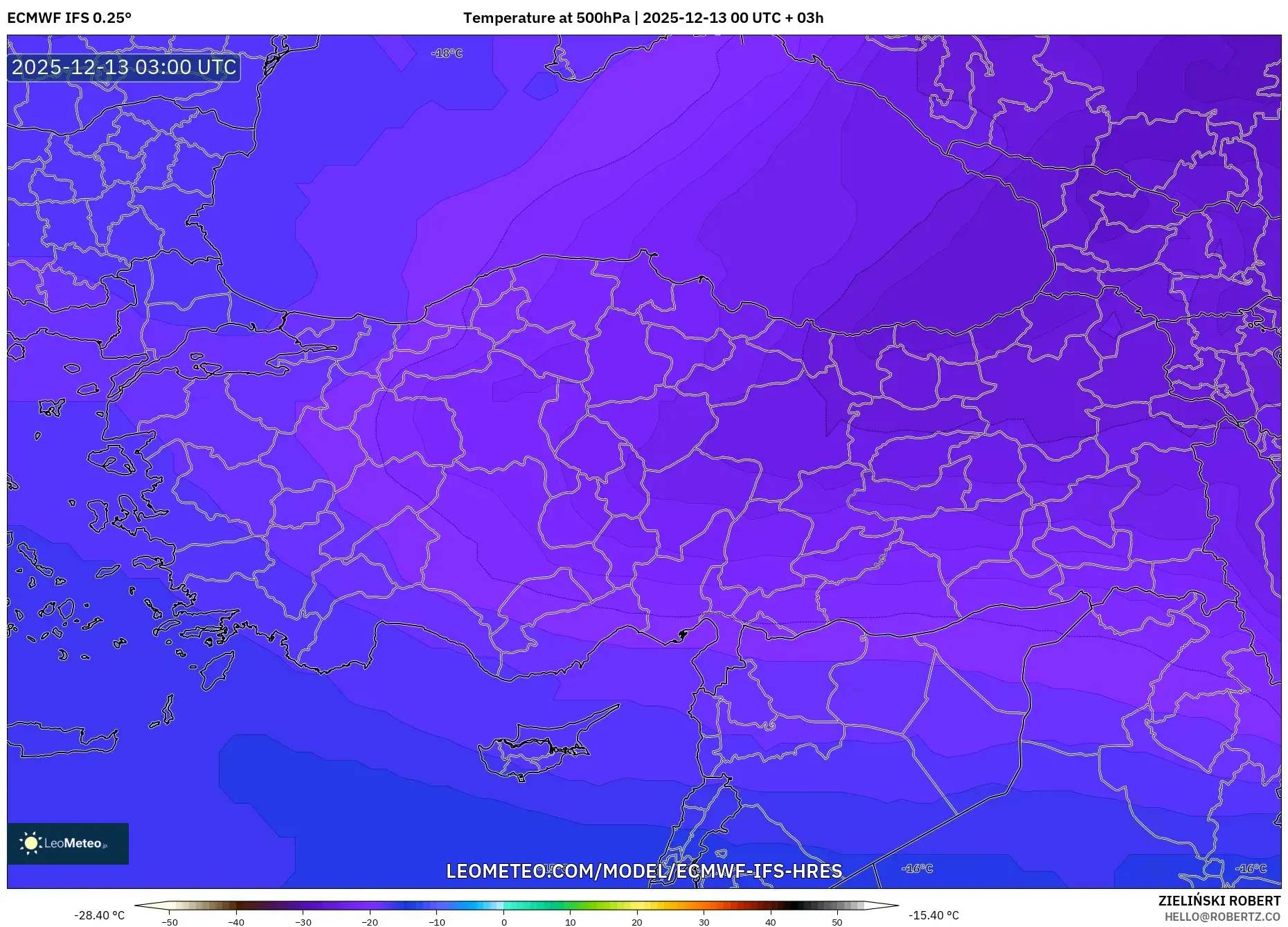 ECMWF IFS 0.25° model - Turkey, Temperature at 500hPa