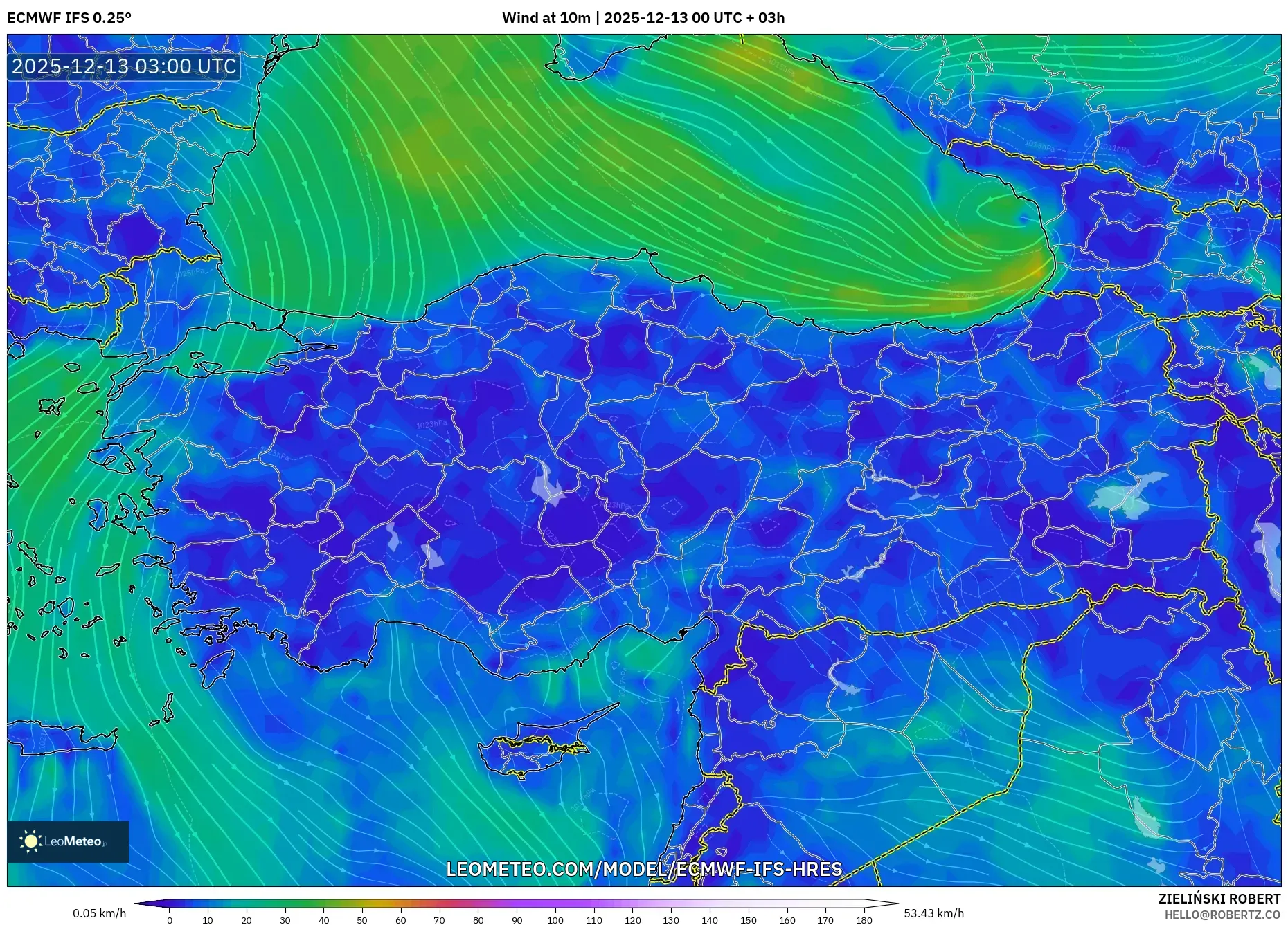 ECMWF IFS 0.25° model - Turki, Angin 10 m