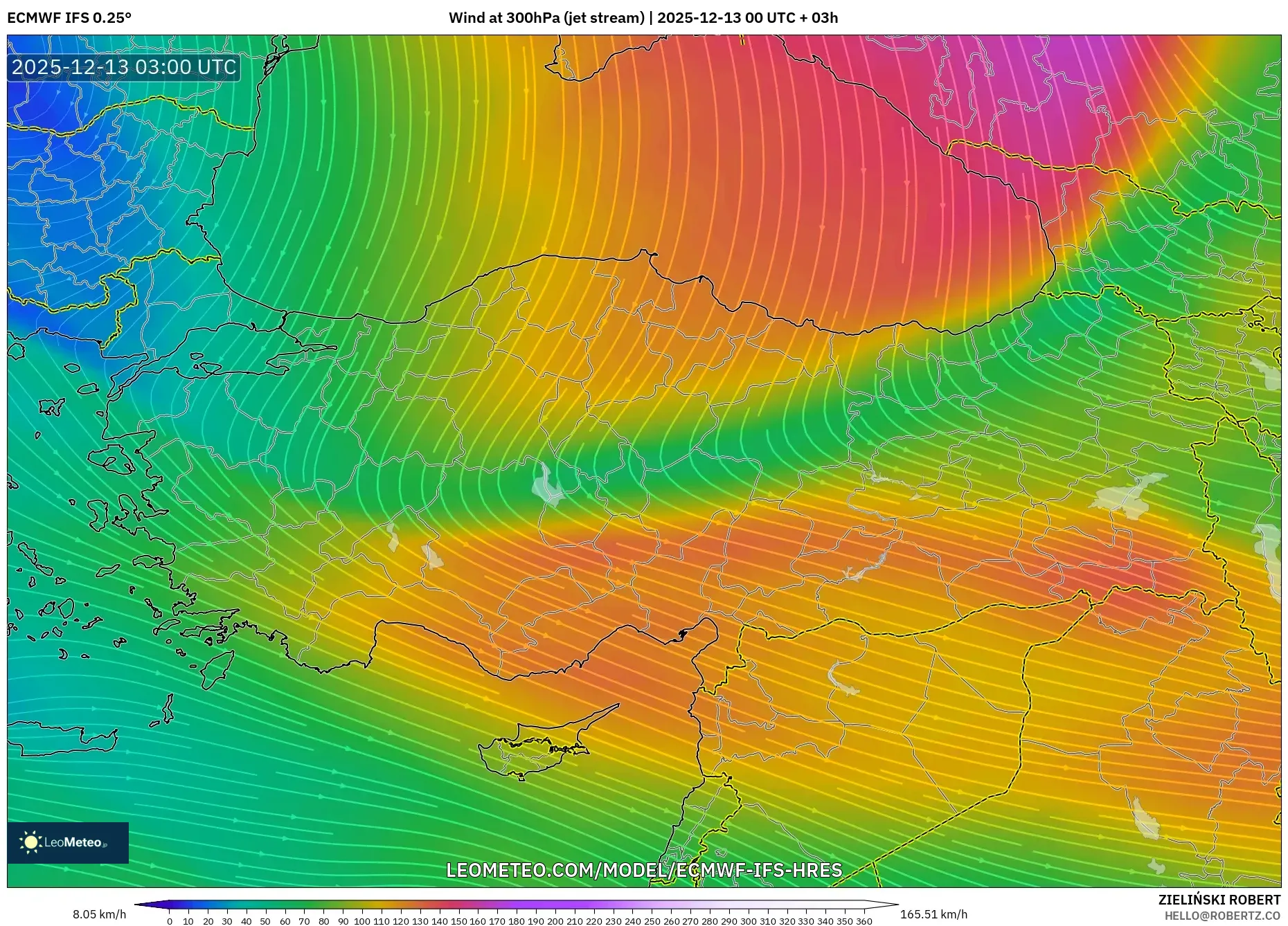 ECMWF IFS 0.25° model - Turki, Angin 300 hPa (aliran jet)