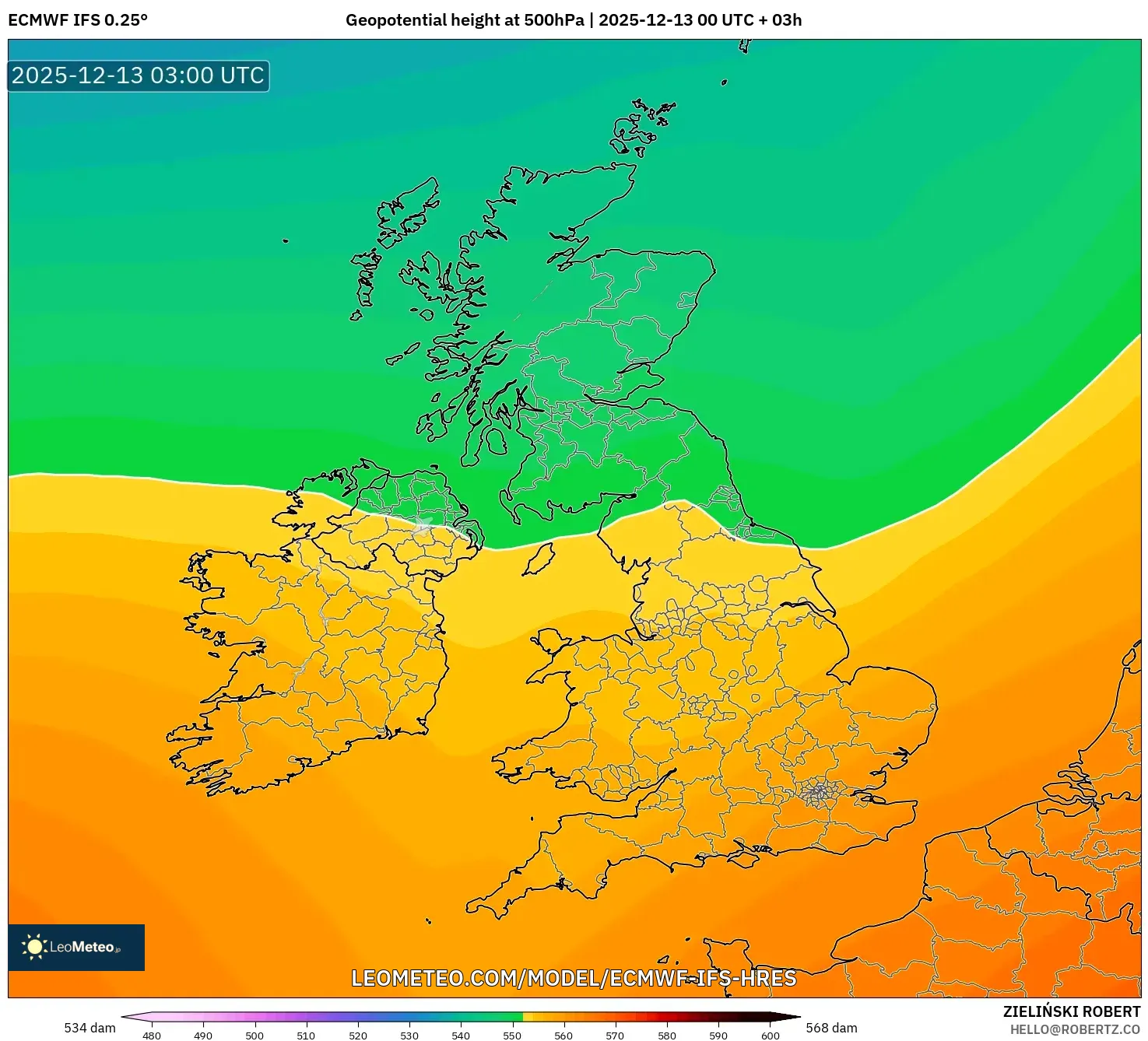 ECMWF IFS 0.25° model - United Kingdom, Geopotential height at 500hPa