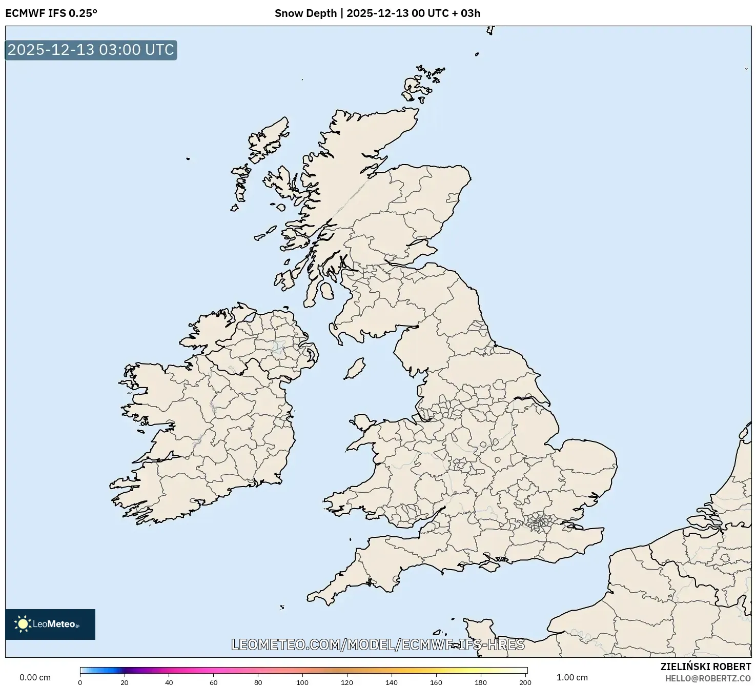 ECMWF IFS 0.25° model - Britania Raya, Kedalaman Salju