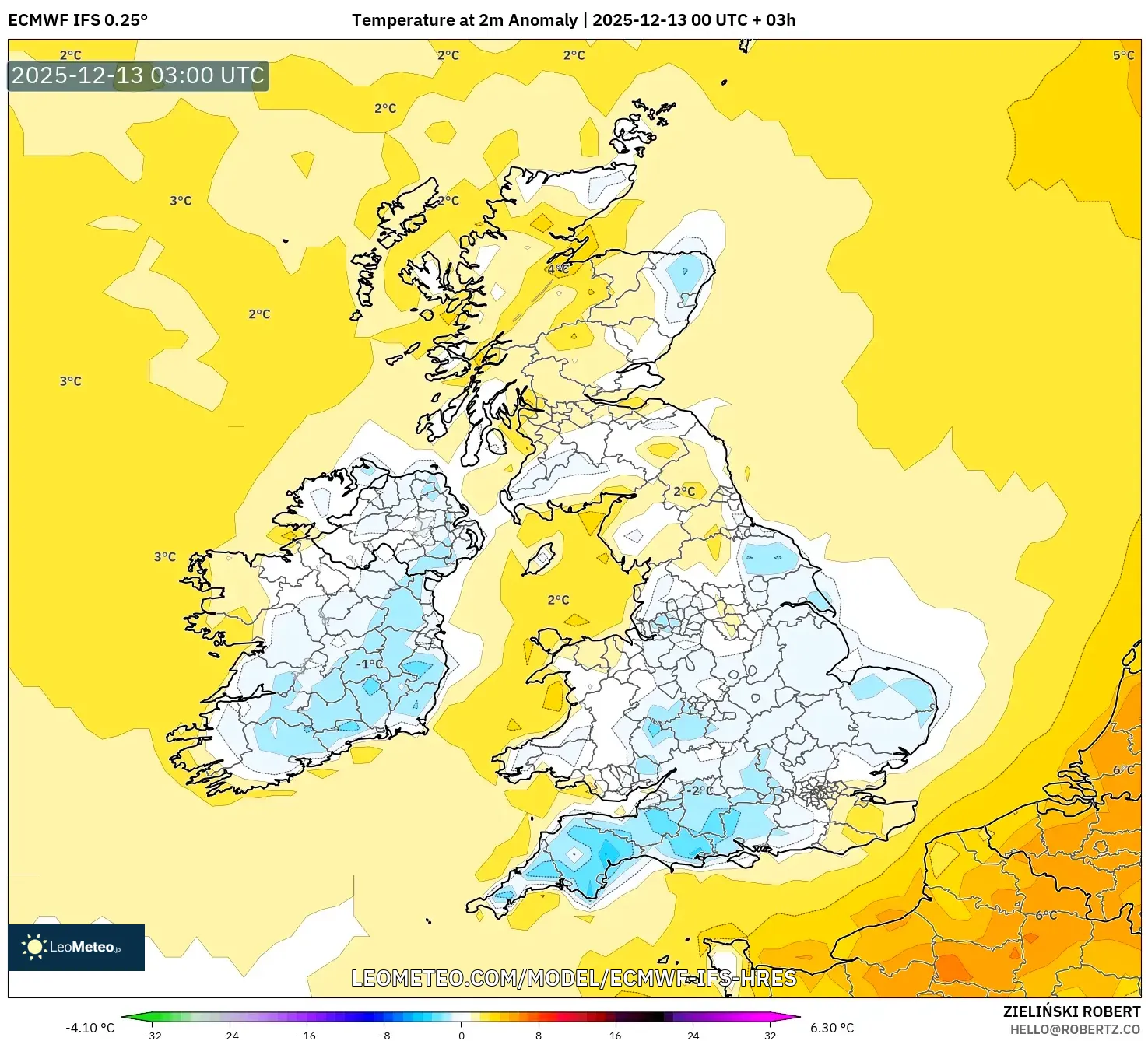 ECMWF IFS 0.25° model - Britania Raya, Anomali Suhu 2 m