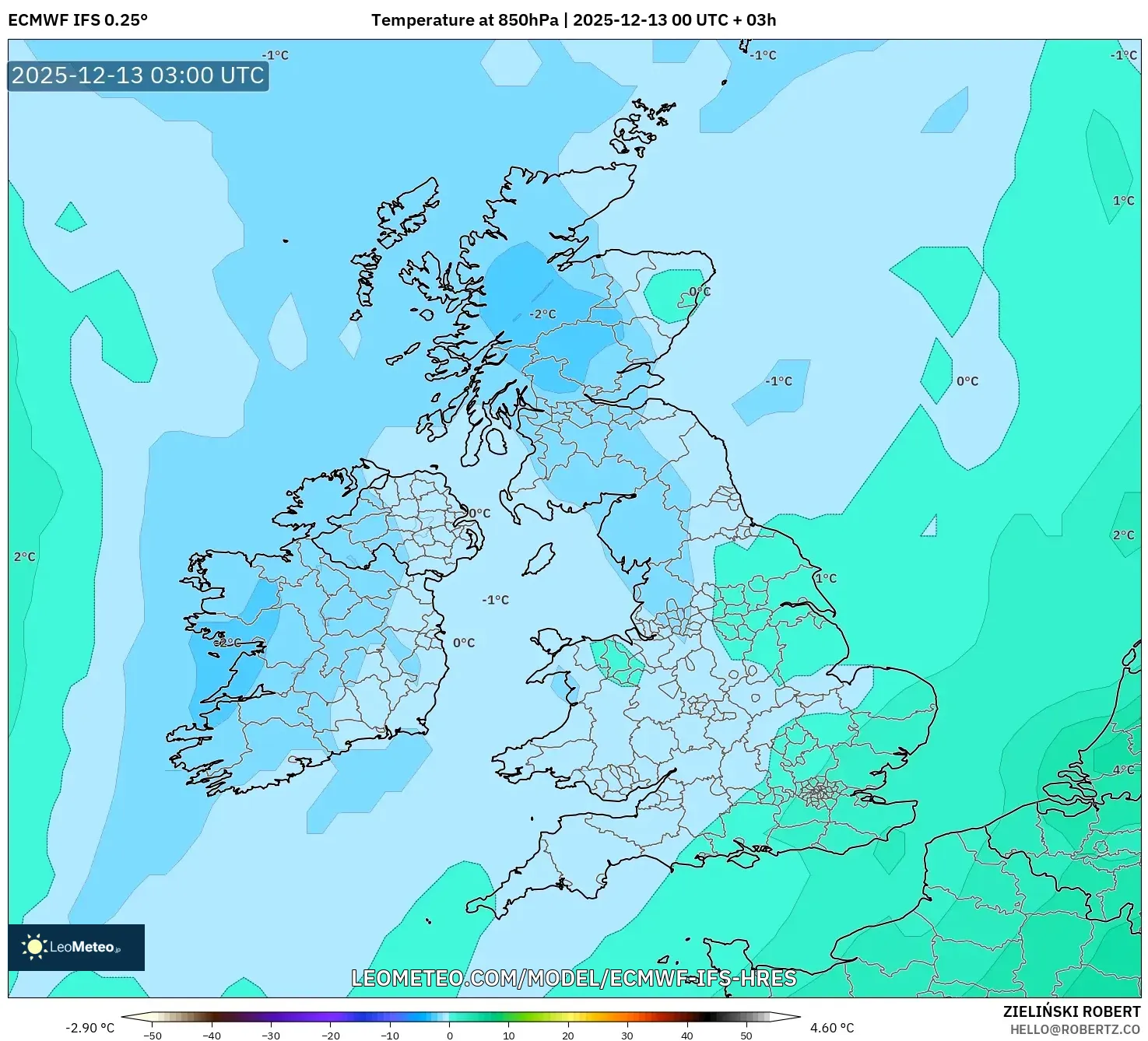 ECMWF IFS 0.25° model - United Kingdom, Temperature at 850hPa