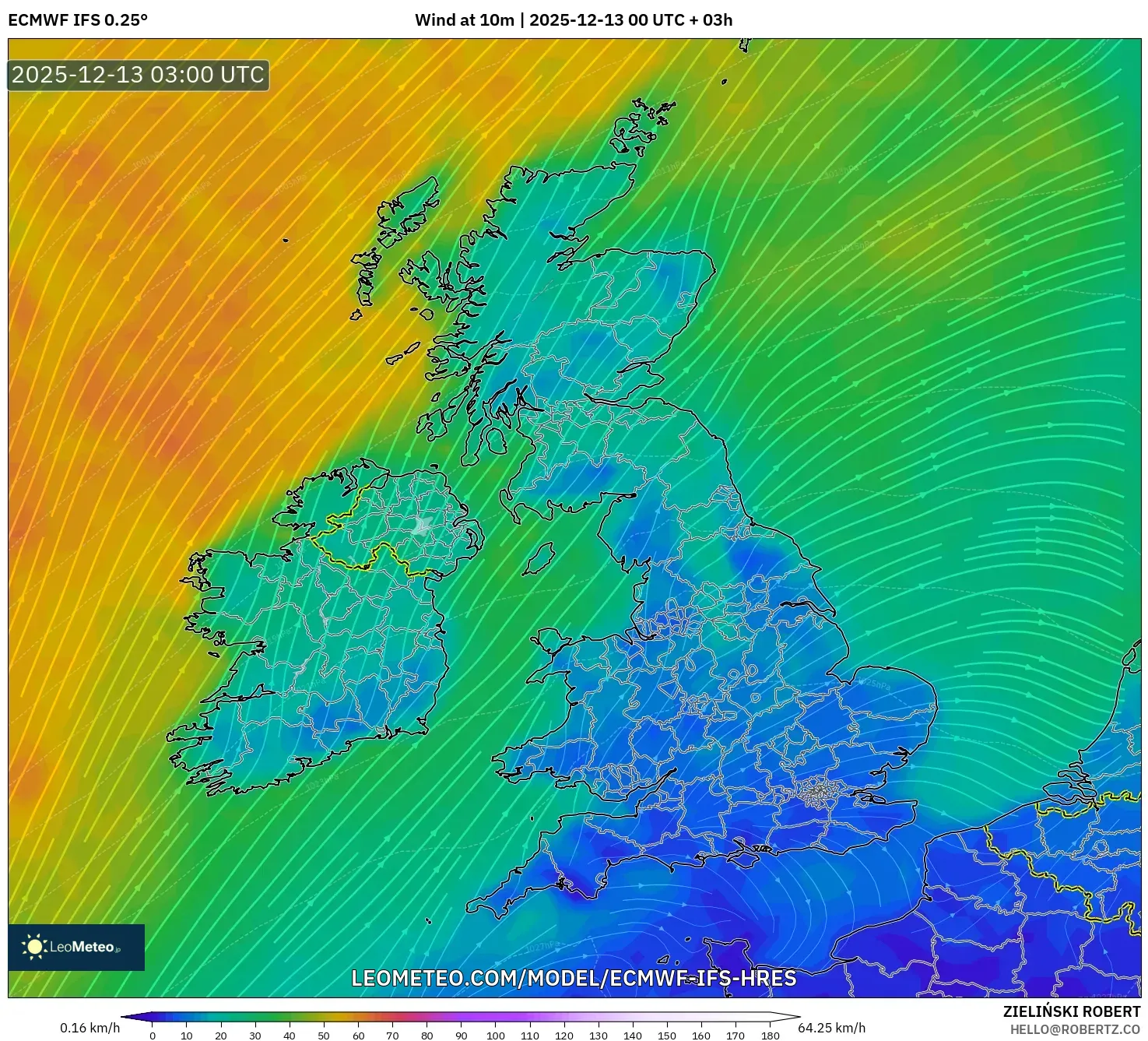 ECMWF IFS 0.25° model - United Kingdom, Wind at 10m