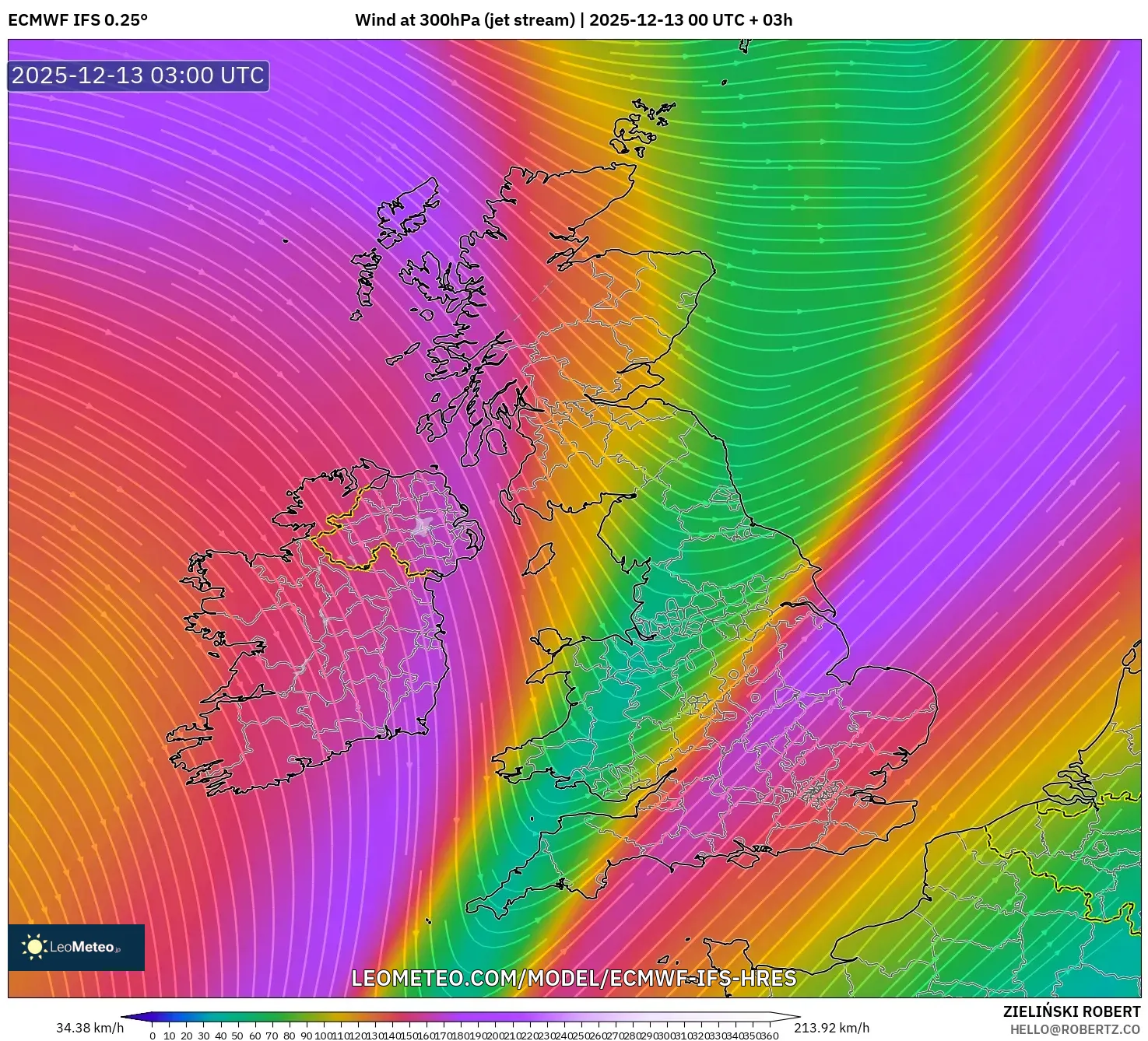 ECMWF IFS 0.25° model - Britania Raya, Angin 300 hPa (aliran jet)