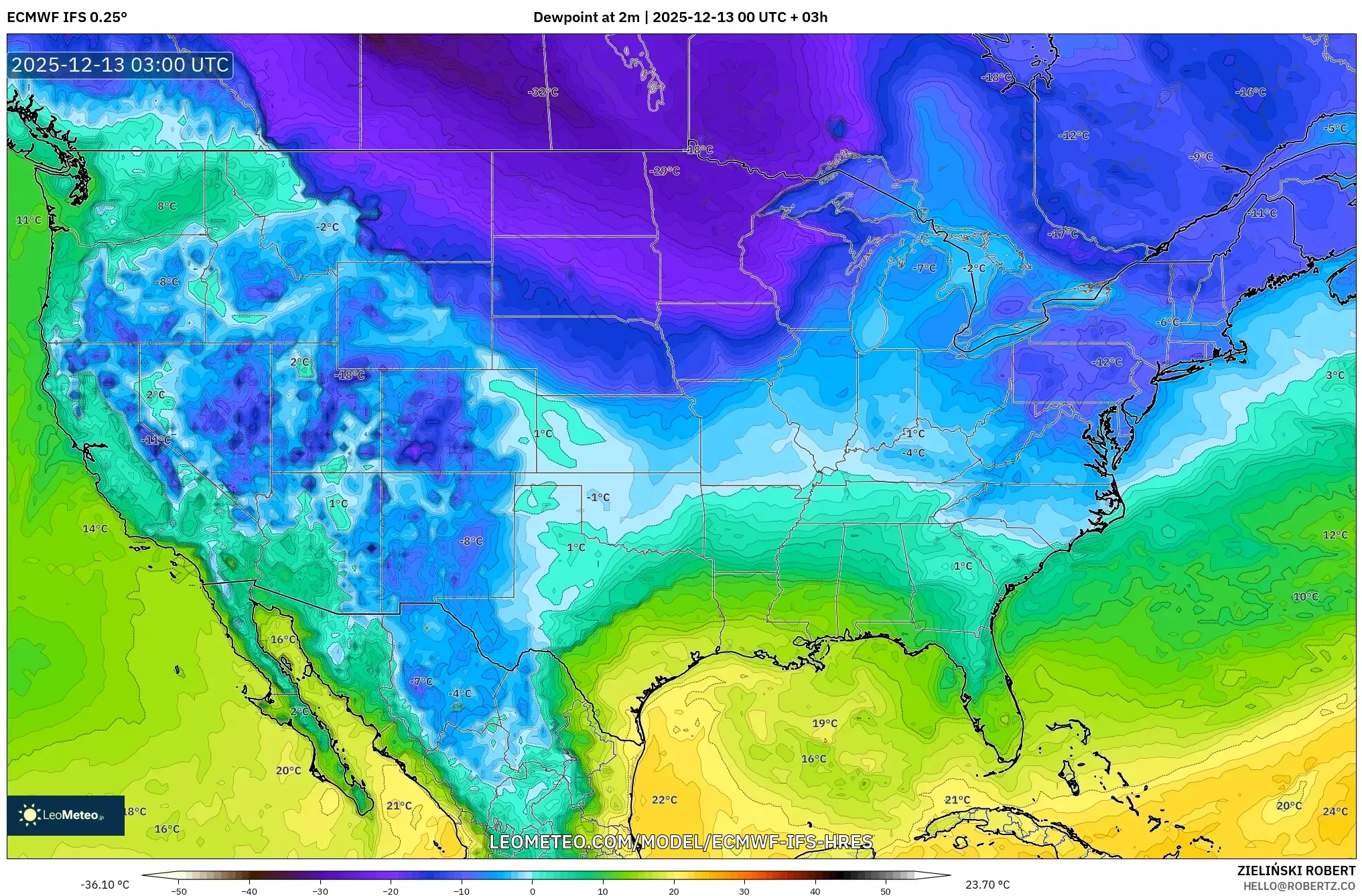 ECMWF IFS 0.25° model - Amerika Serikat, Titik Embun 2 m