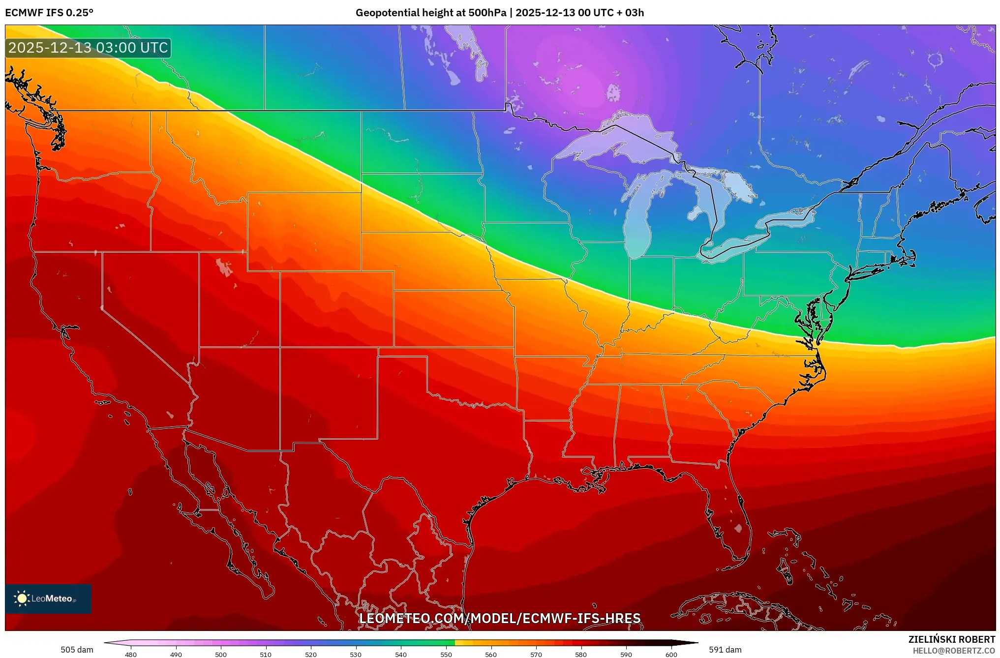 ECMWF IFS 0.25° model - Amerika Serikat, Ketinggian geopotensial pada 500 hPa