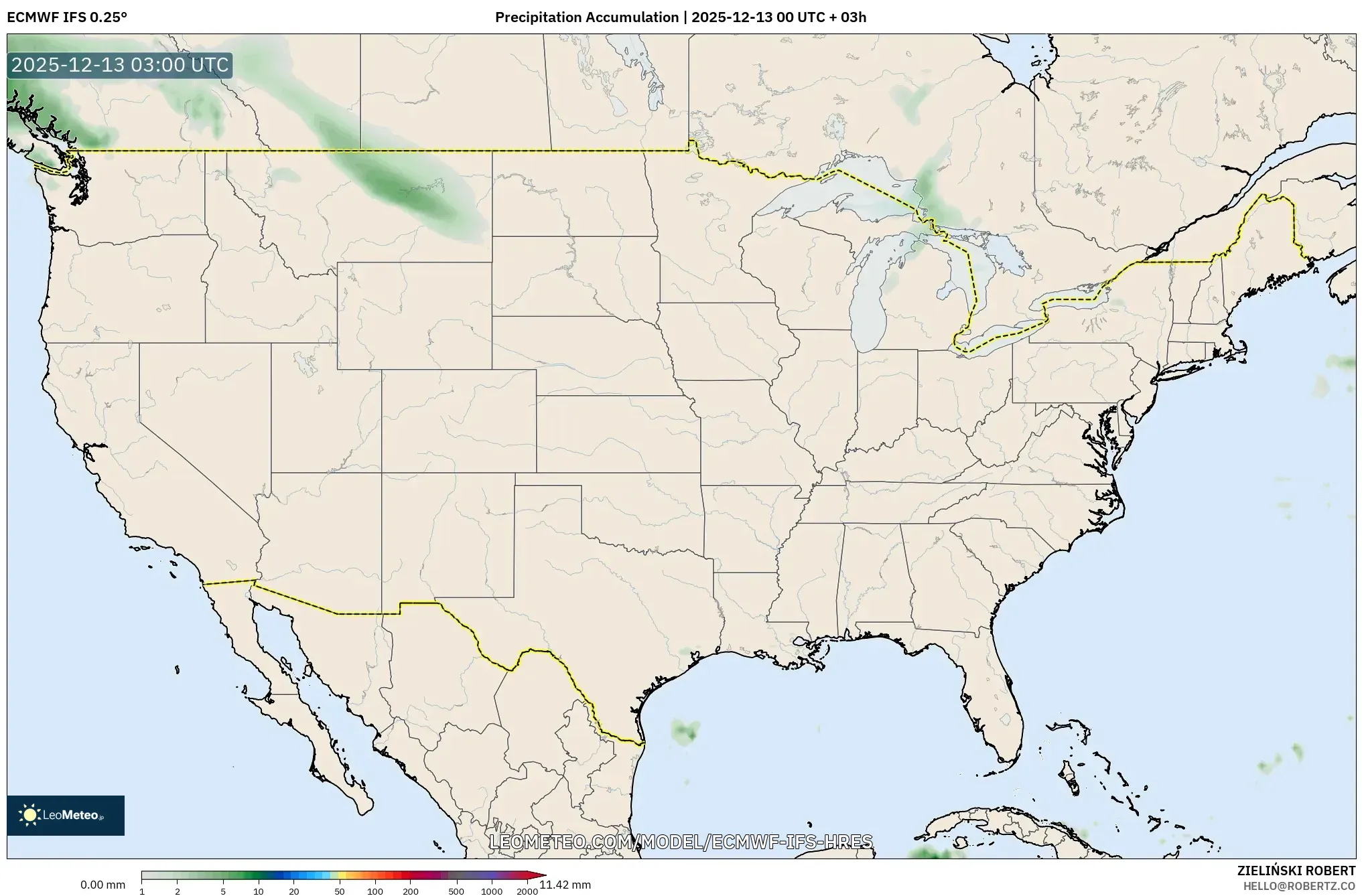 ECMWF IFS 0.25° model - Amerika Serikat, Akumulasi Curah Hujan