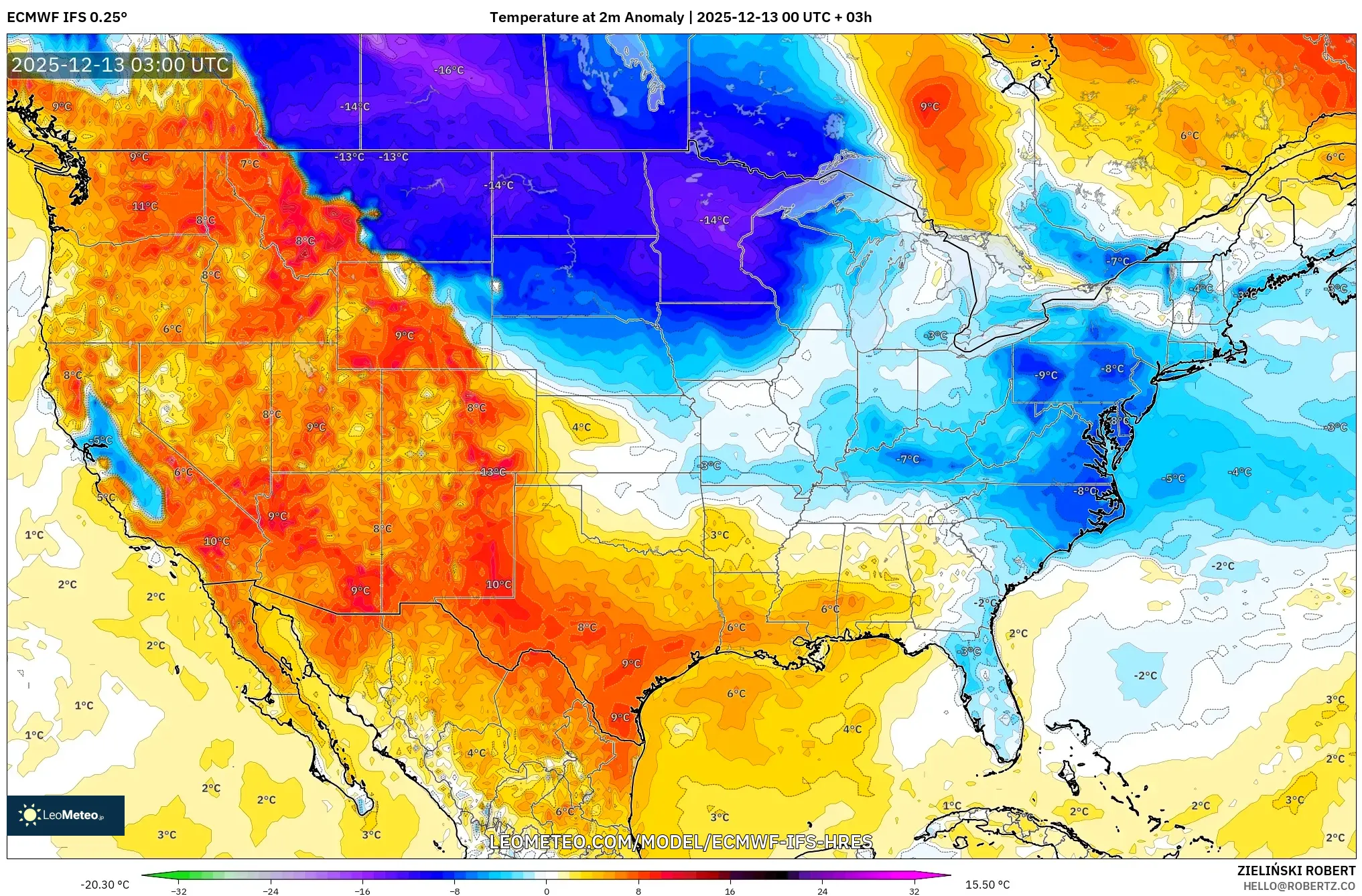 ECMWF IFS 0.25° model - Amerika Serikat, Anomali Suhu 2 m