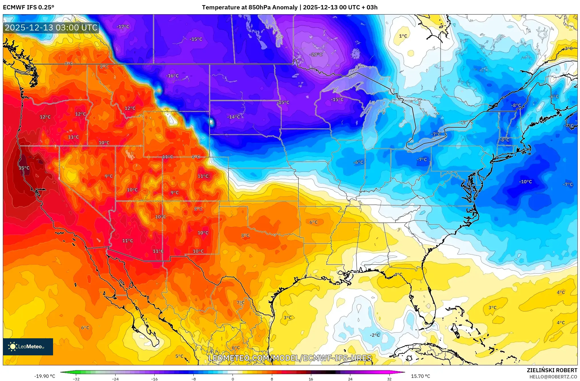 ECMWF IFS 0.25° model - Amerika Serikat, Anomali Suhu 850 hPa