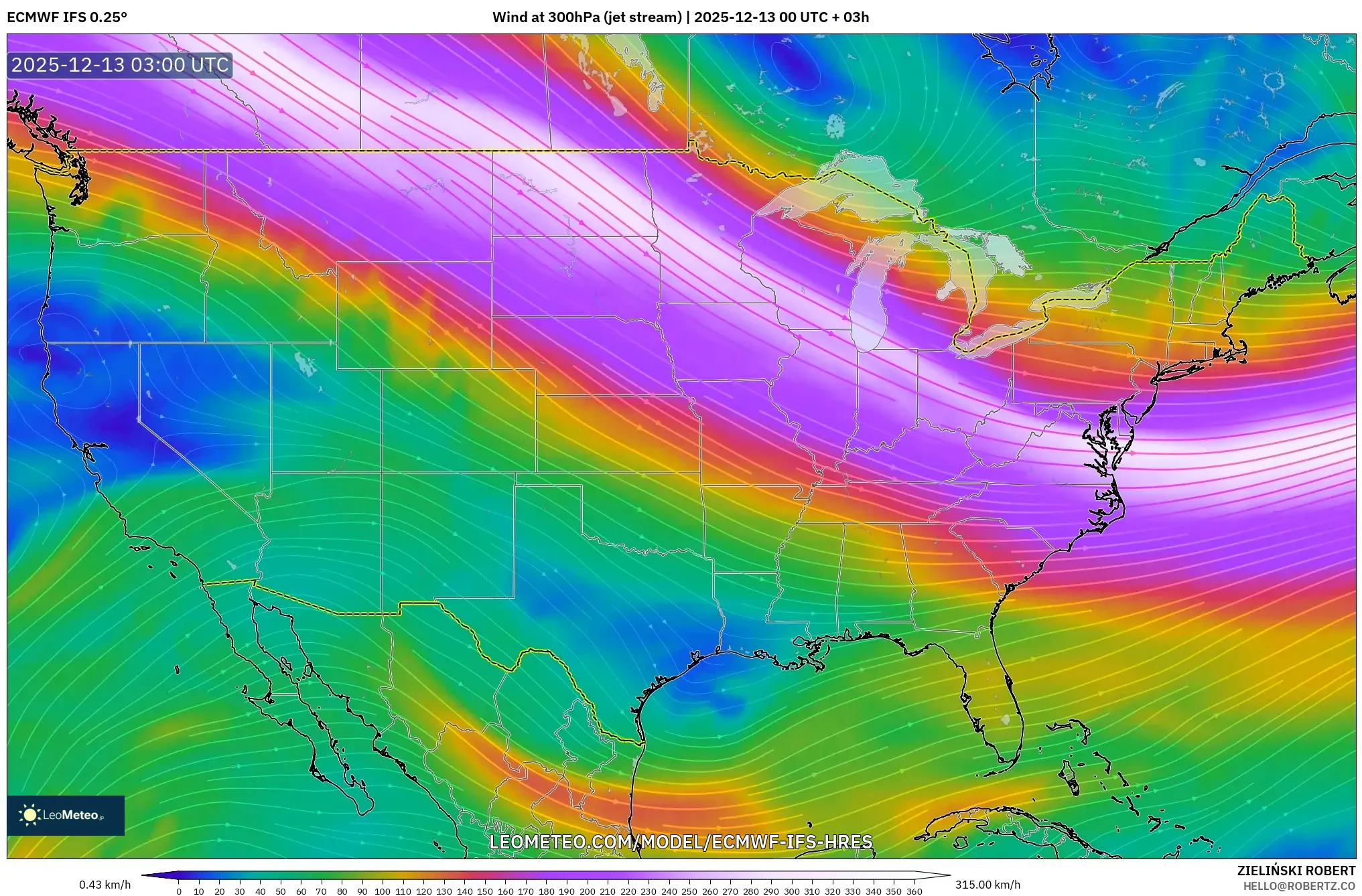 ECMWF IFS 0.25° model - Amerika Serikat, Angin 300 hPa (aliran jet)