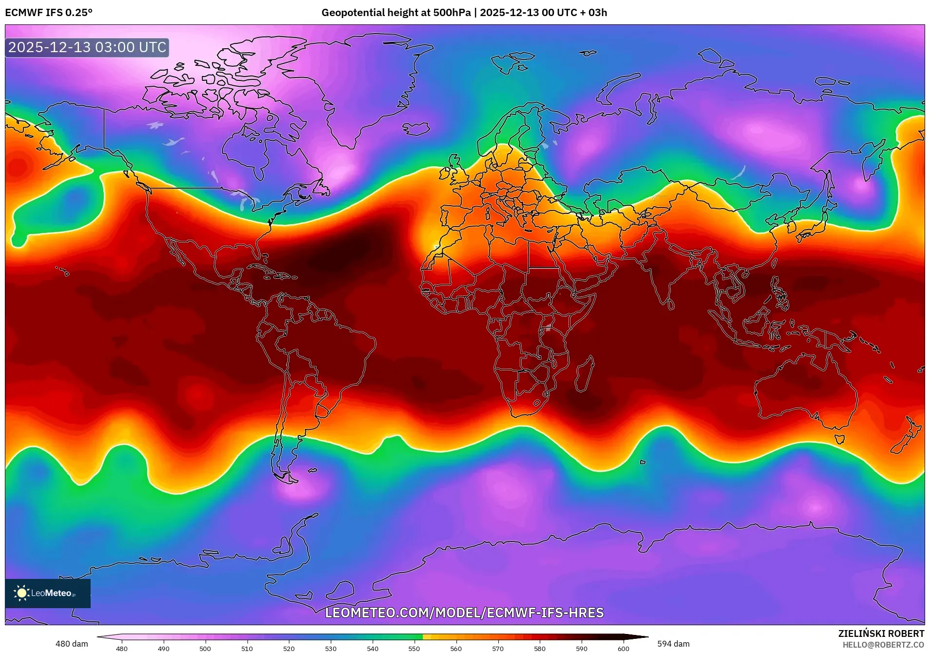 ECMWF IFS 0.25° model - Dunia, Ketinggian geopotensial pada 500 hPa
