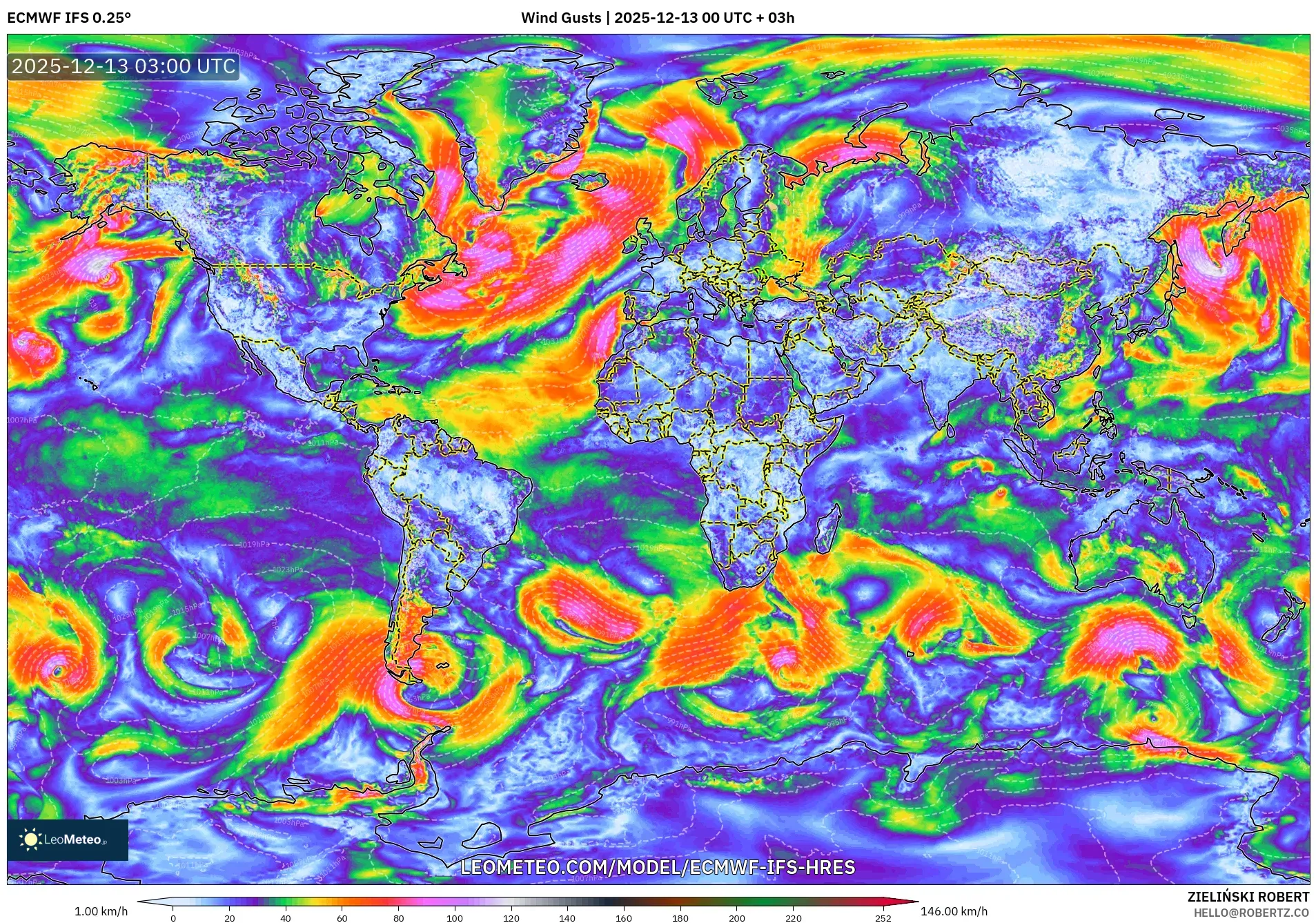 ECMWF IFS 0.25° model - World, Wind Gusts