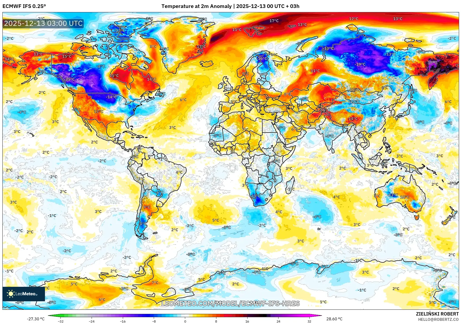 ECMWF IFS 0.25° model - Dunia, Anomali Suhu 2 m