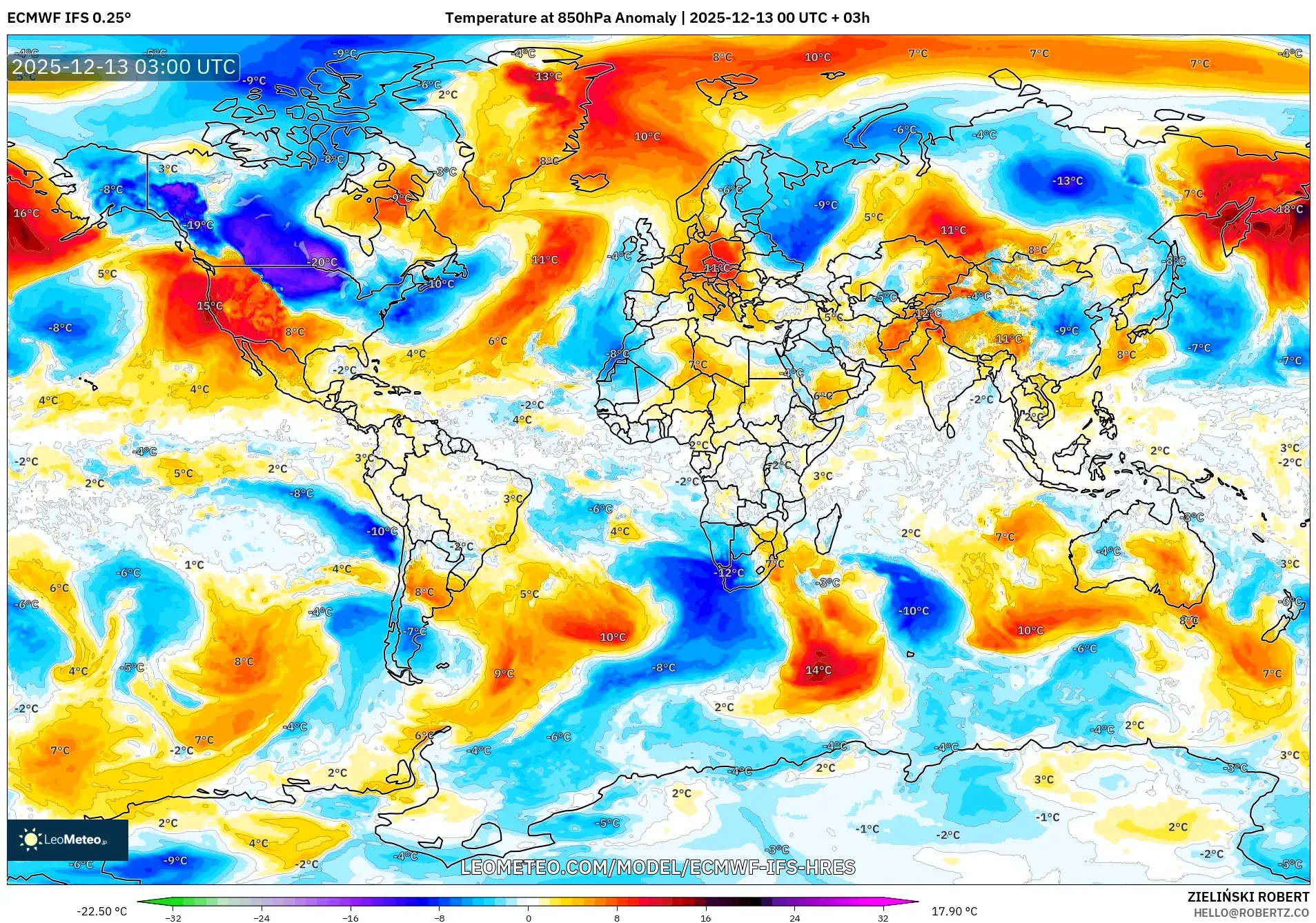 ECMWF IFS 0.25° model - Dunia, Anomali Suhu 850 hPa