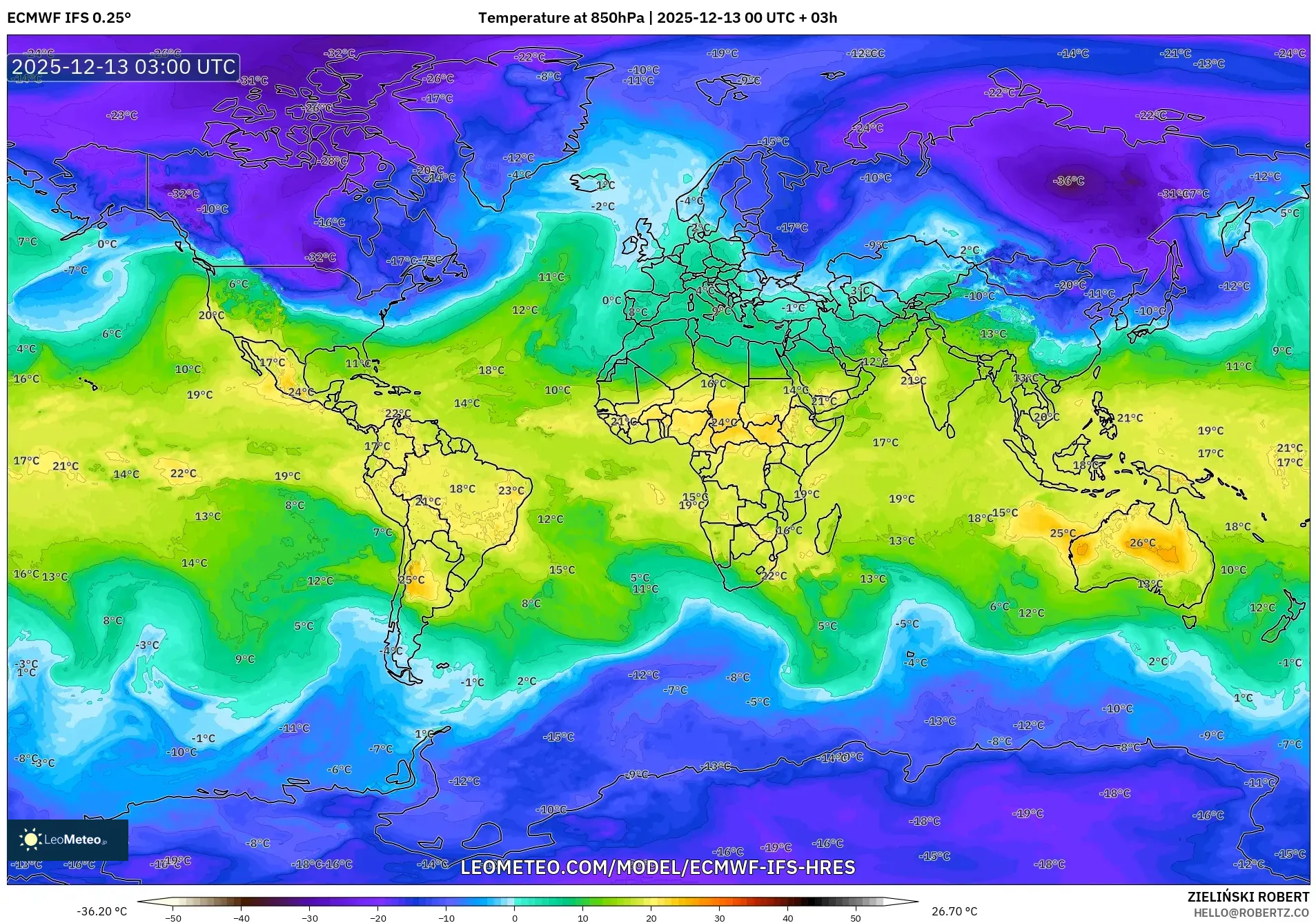ECMWF IFS 0.25° model - Dunia, Suhu 850 hPa