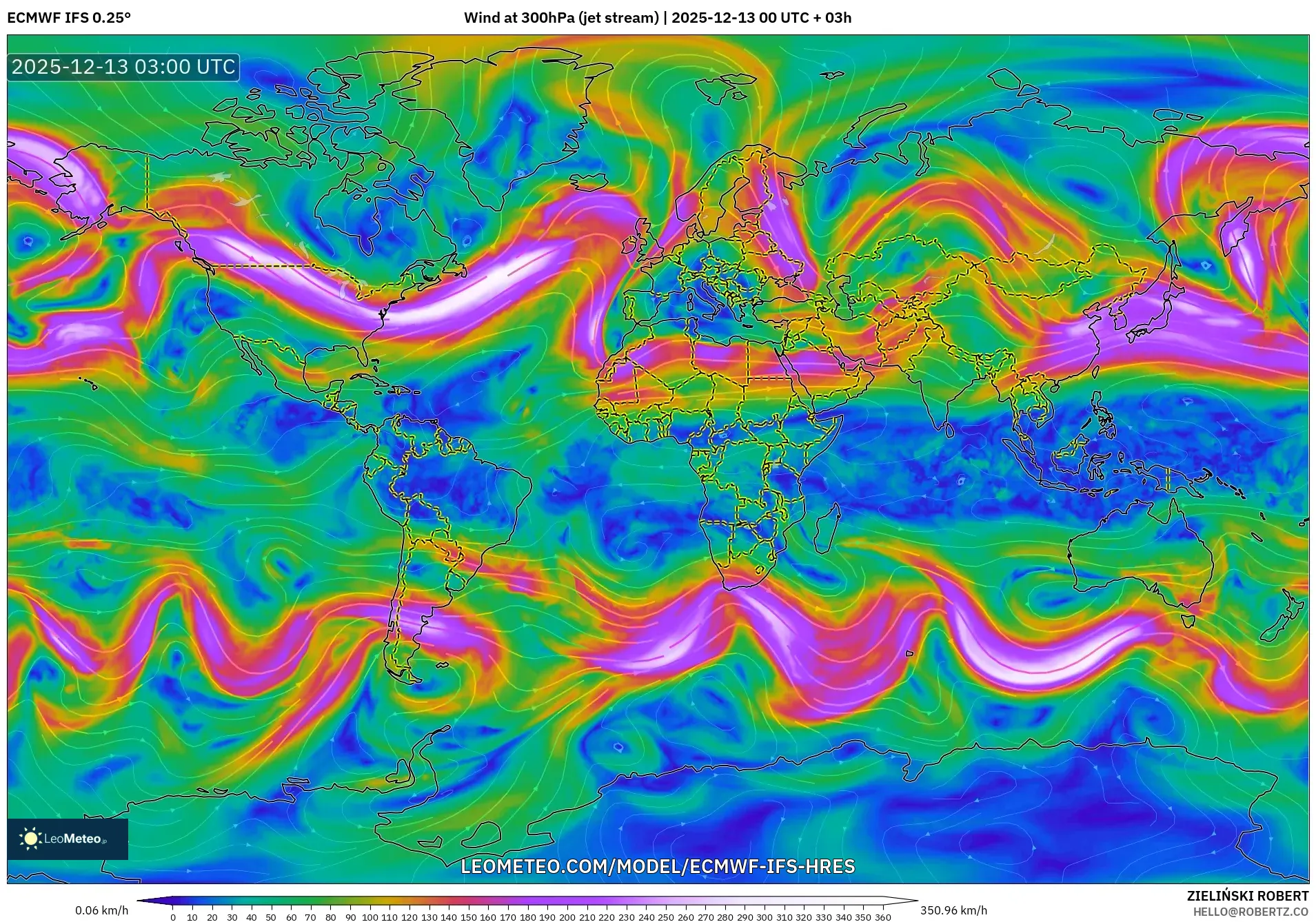 ECMWF IFS 0.25° model - Dunia, Angin 300 hPa (aliran jet)