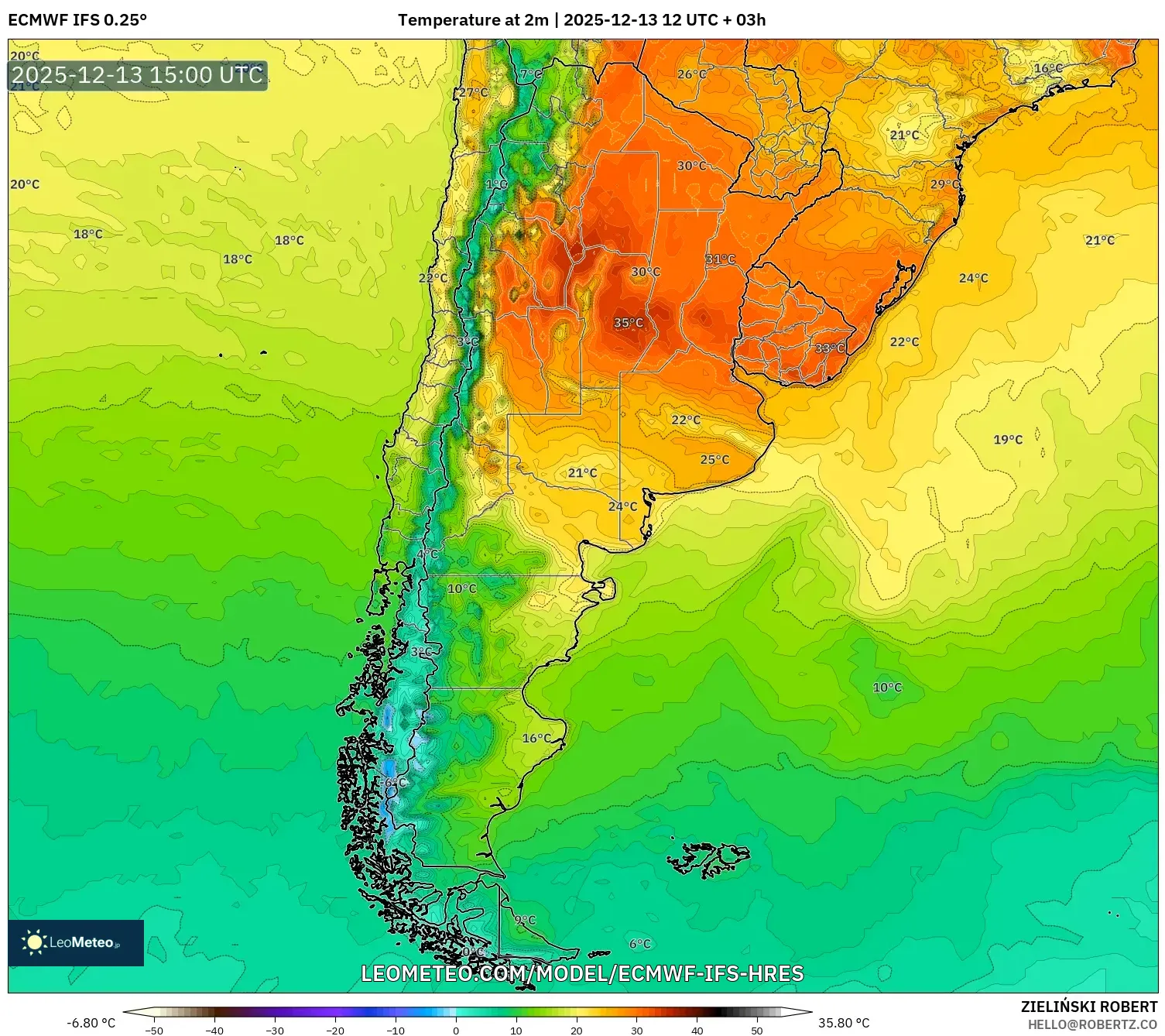 ECMWF IFS 0.25° model - Argentina, Suhu pada 2 m