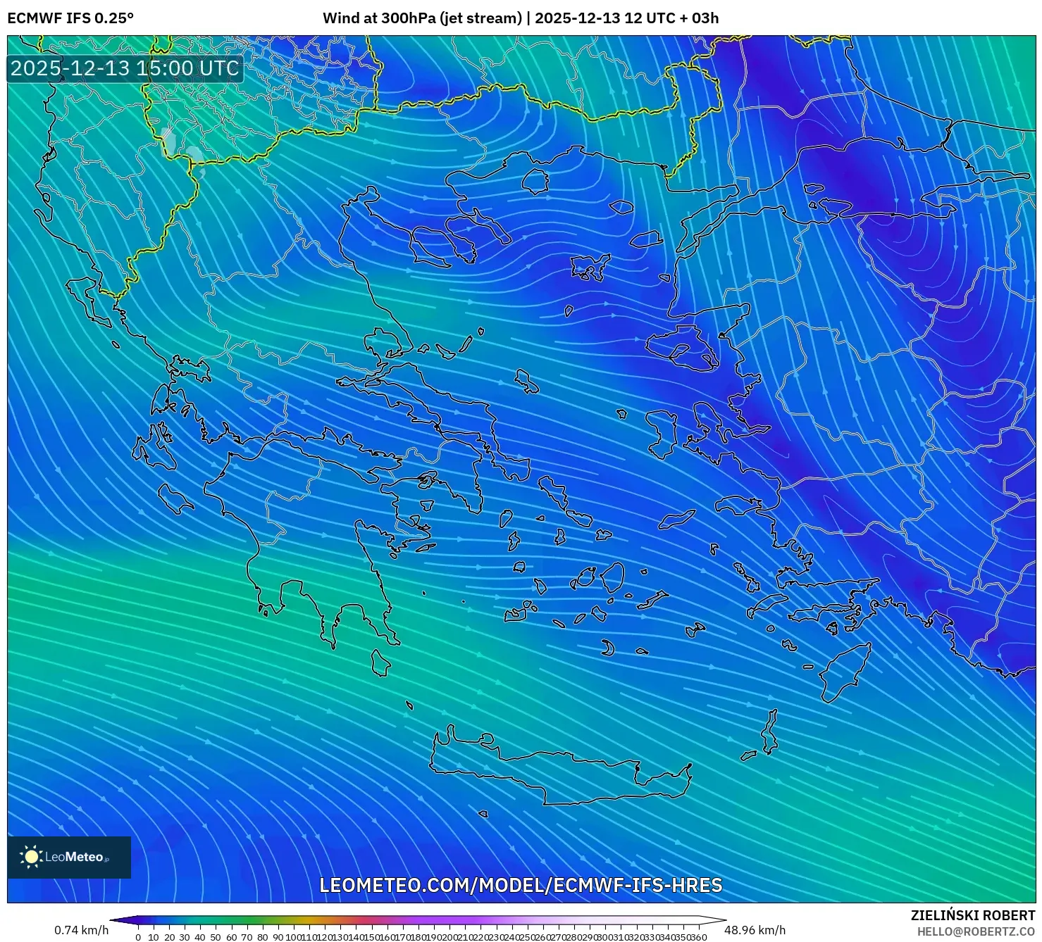 ECMWF IFS 0.25° model - Yunani, Angin 300 hPa (aliran jet)