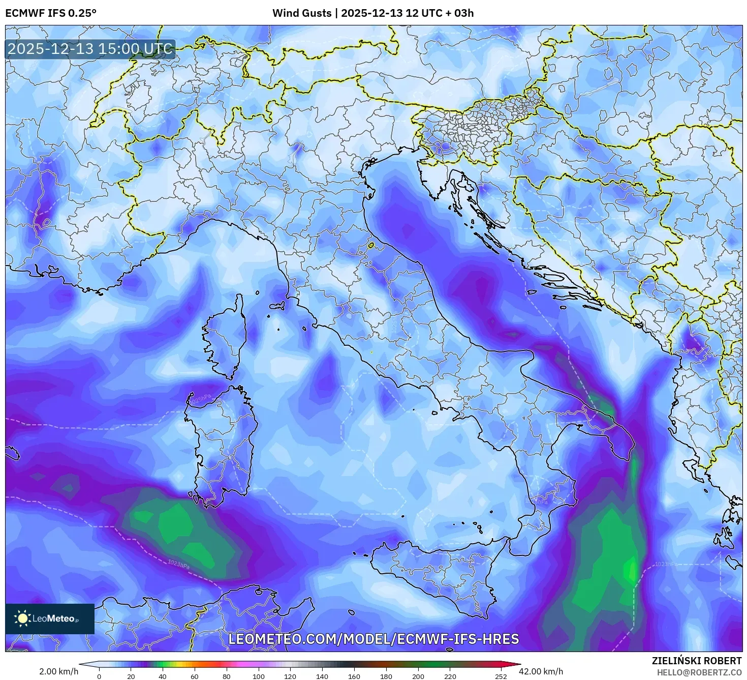 ECMWF IFS 0.25° model - Itali, Hembusan Angin