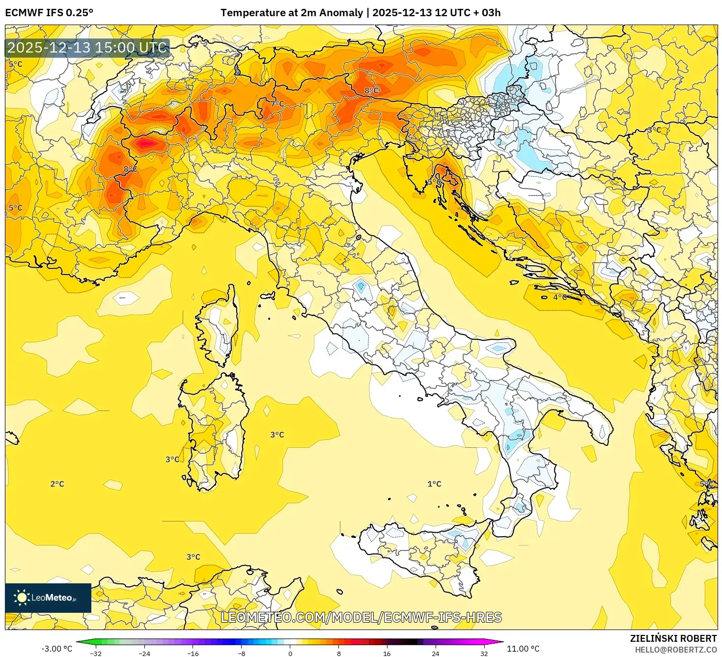 ECMWF IFS 0.25° model - Itali, Anomali Suhu 2 m