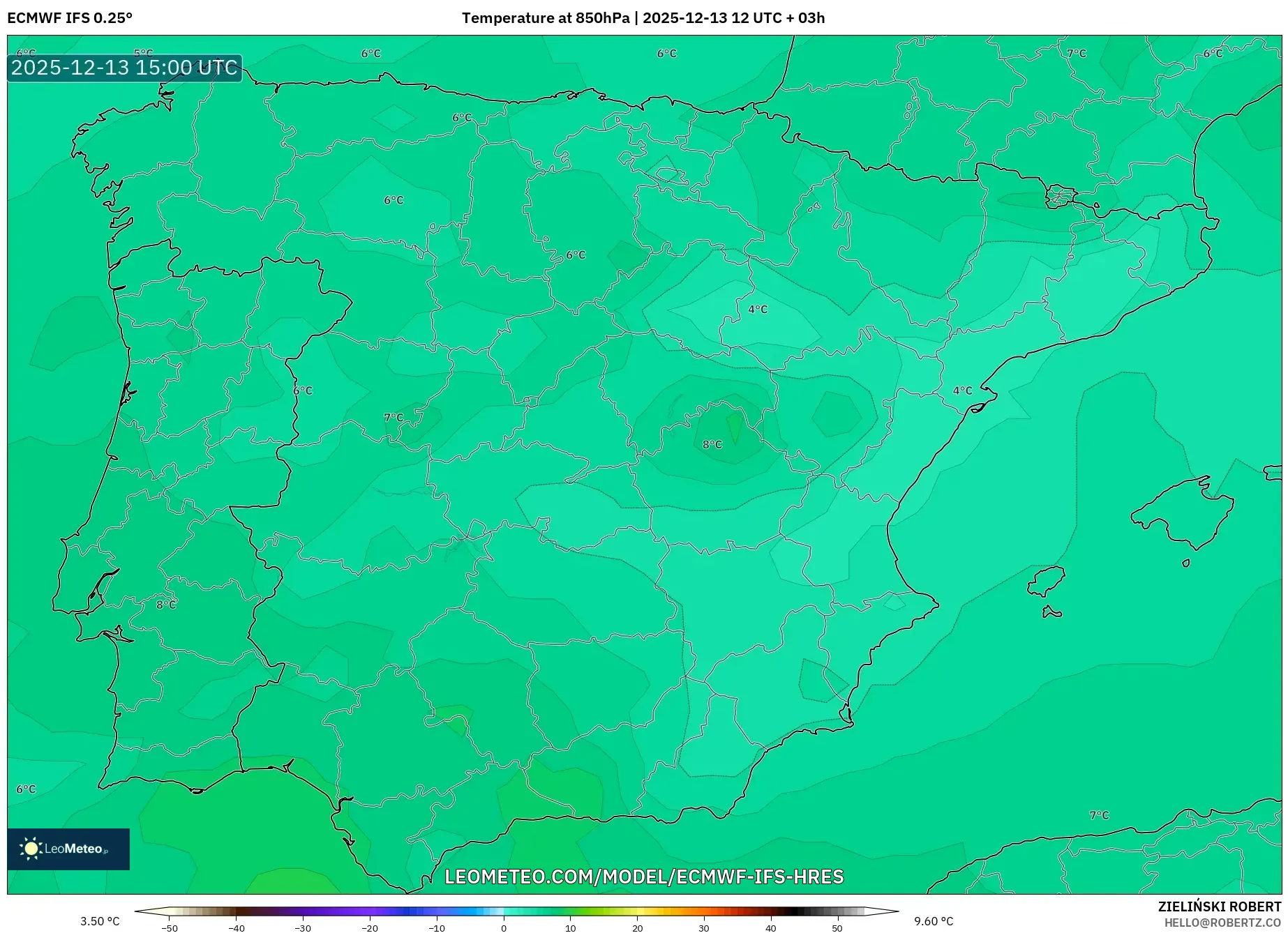 ECMWF IFS 0.25° model - Sepanyol, Suhu 850 hPa