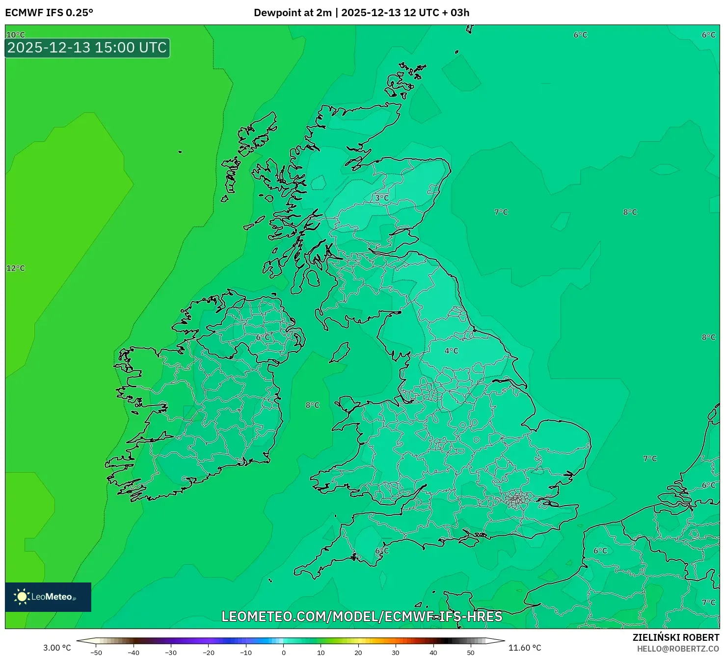 ECMWF IFS 0.25° model - United Kingdom, Takat Embun 2 m