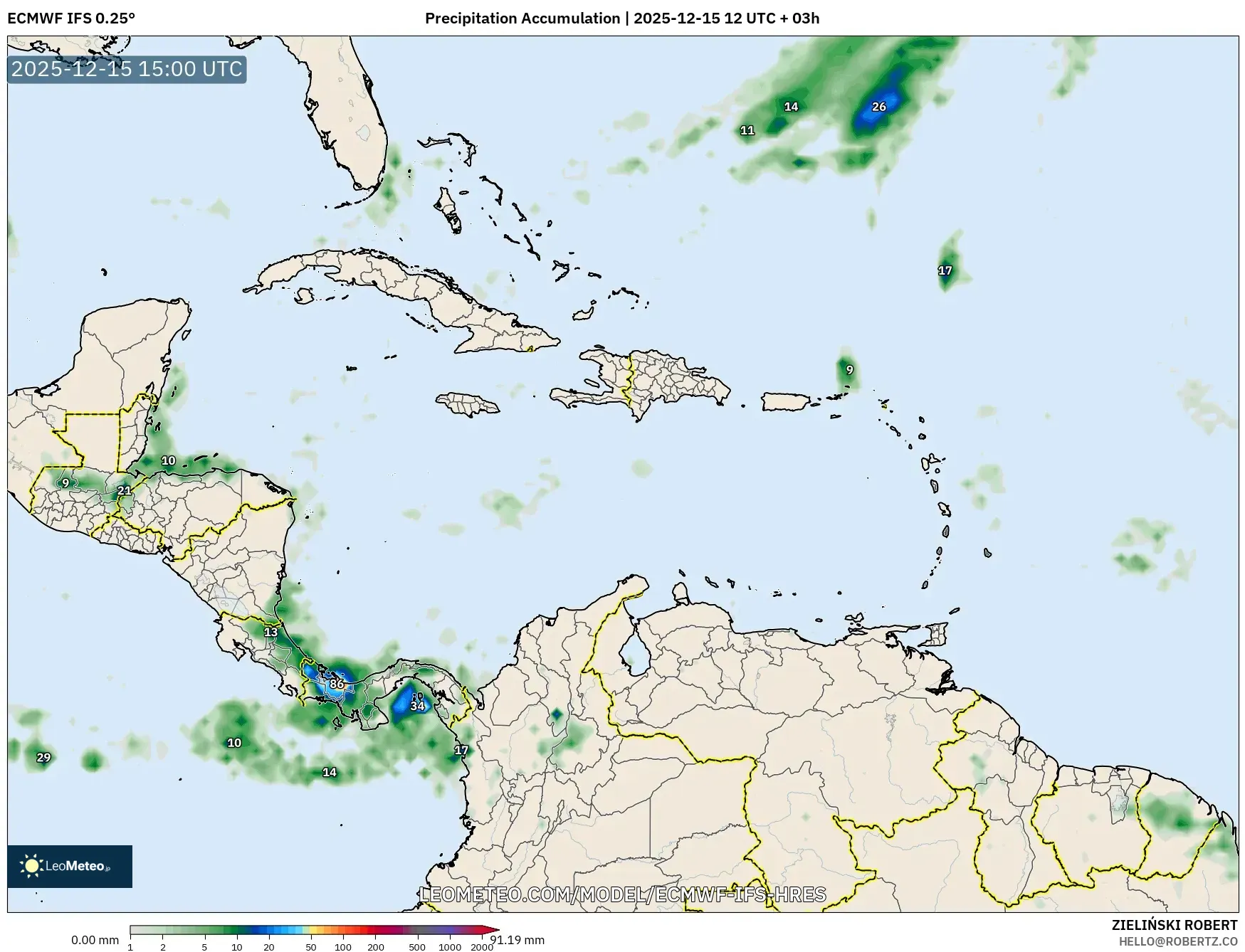 ECMWF IFS 0.25° model - Caribbean, Precipitation Accumulation