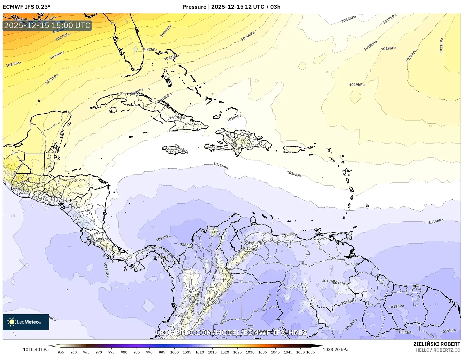 ECMWF IFS 0.25° model - Caribbean, Pressure