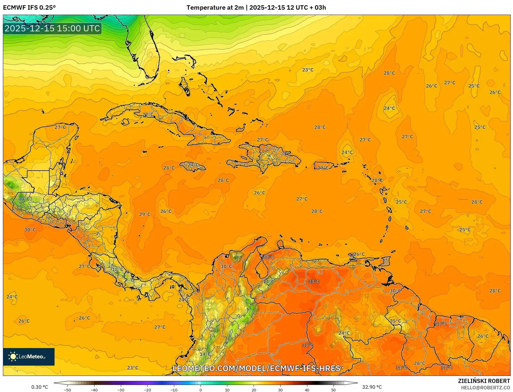 ECMWF IFS 0.25° model - Caribbean, Temperature at 2m