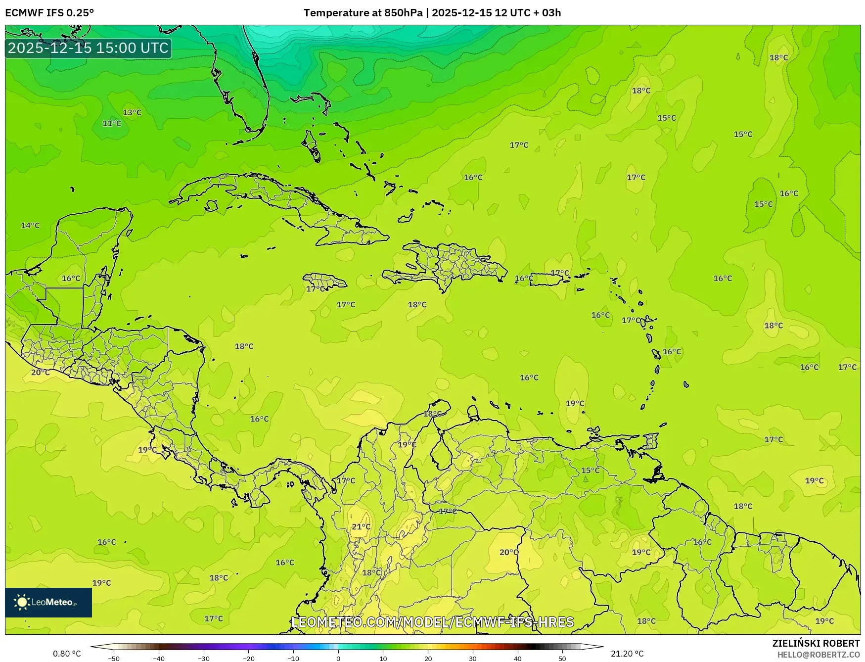 ECMWF IFS 0.25° model - Caribbean, Temperature at 850hPa
