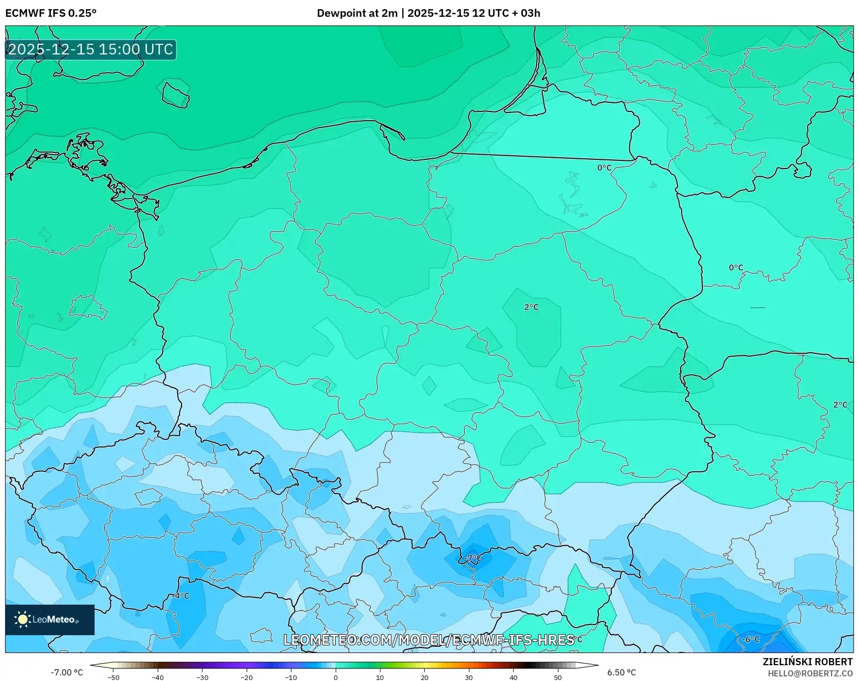 ECMWF IFS 0.25° model - Poland, Dewpoint at 2m