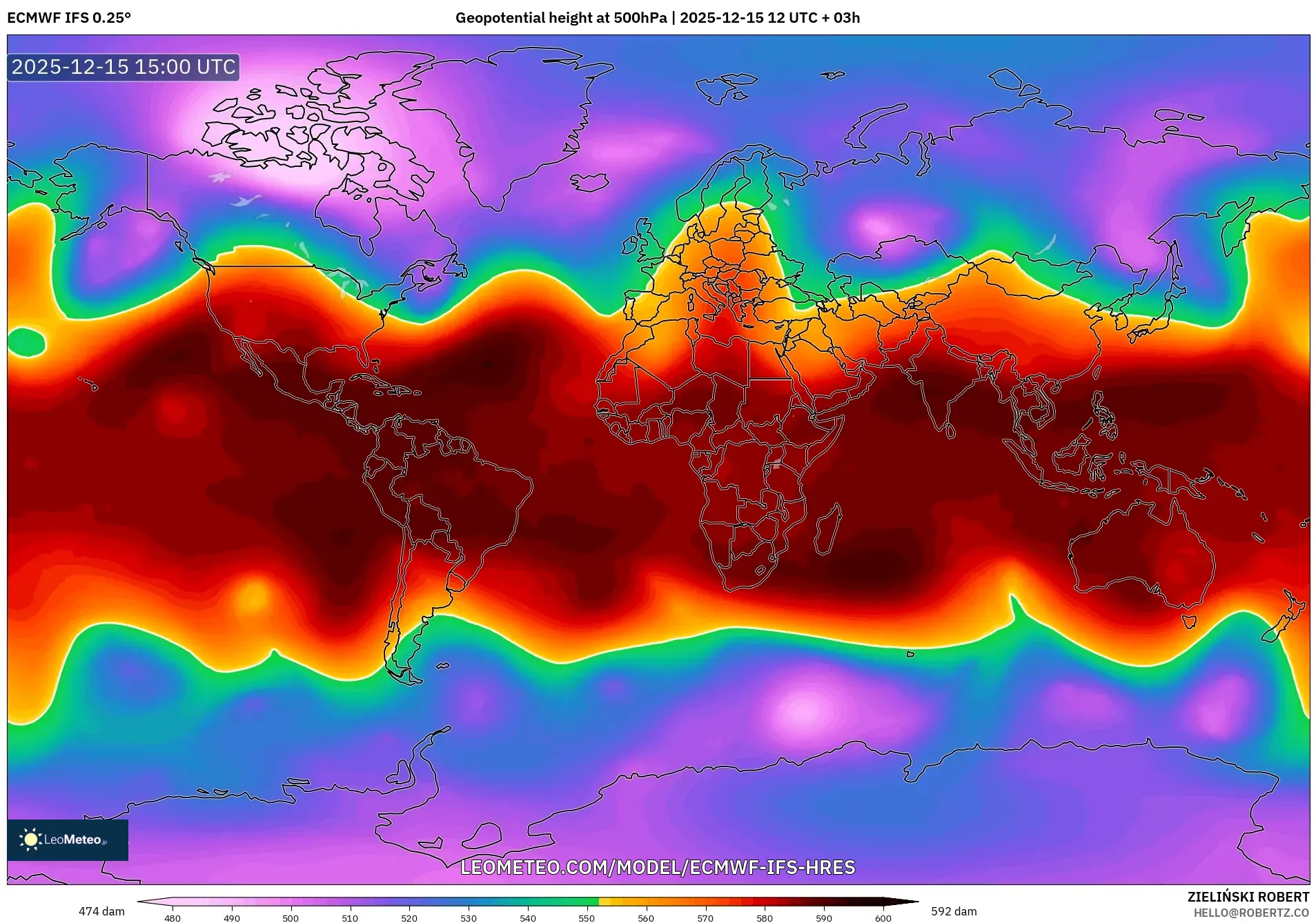 ECMWF IFS 0.25° model - World, Geopotential height at 500hPa