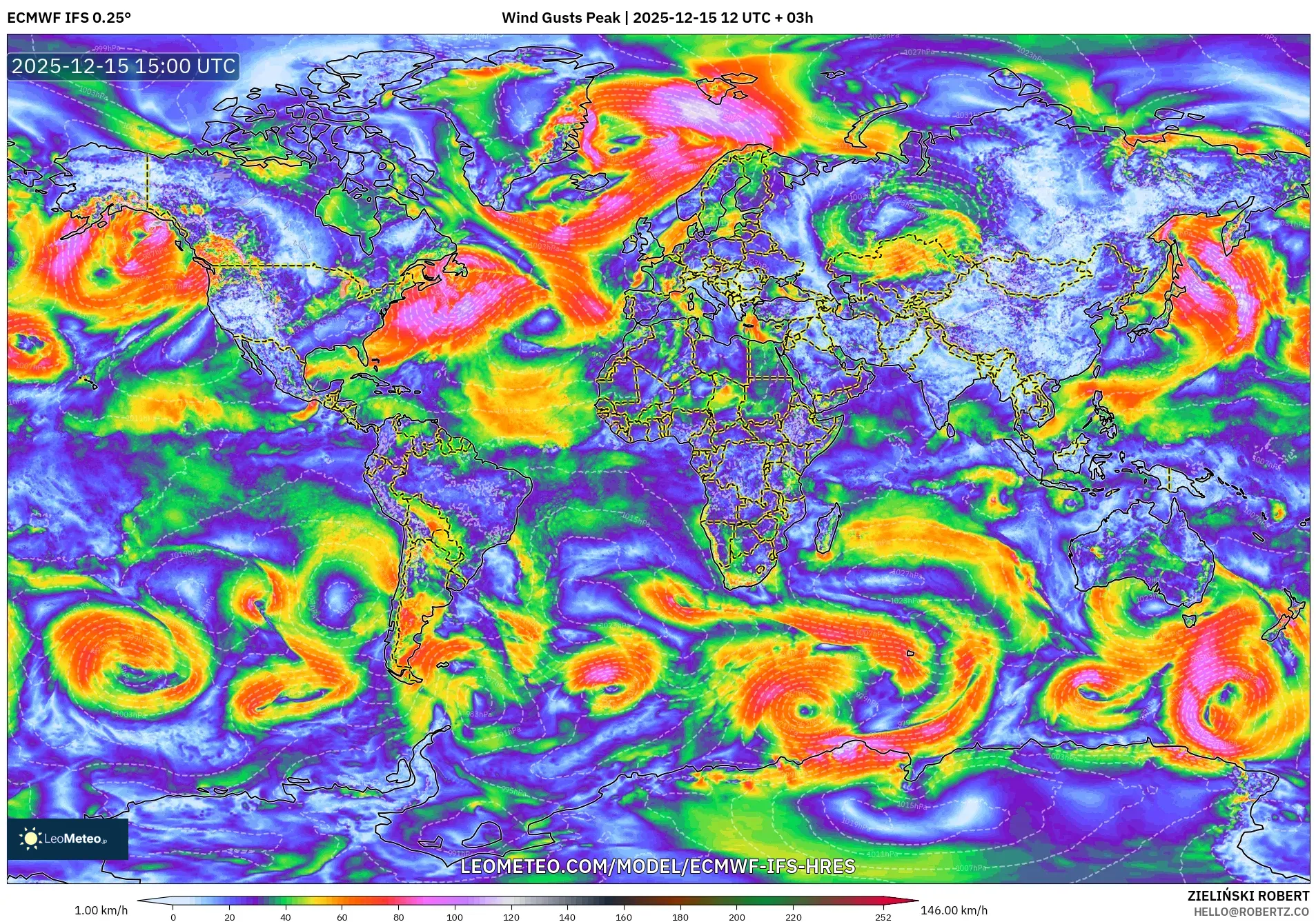ECMWF IFS 0.25° model - World, Wind Gusts Peak