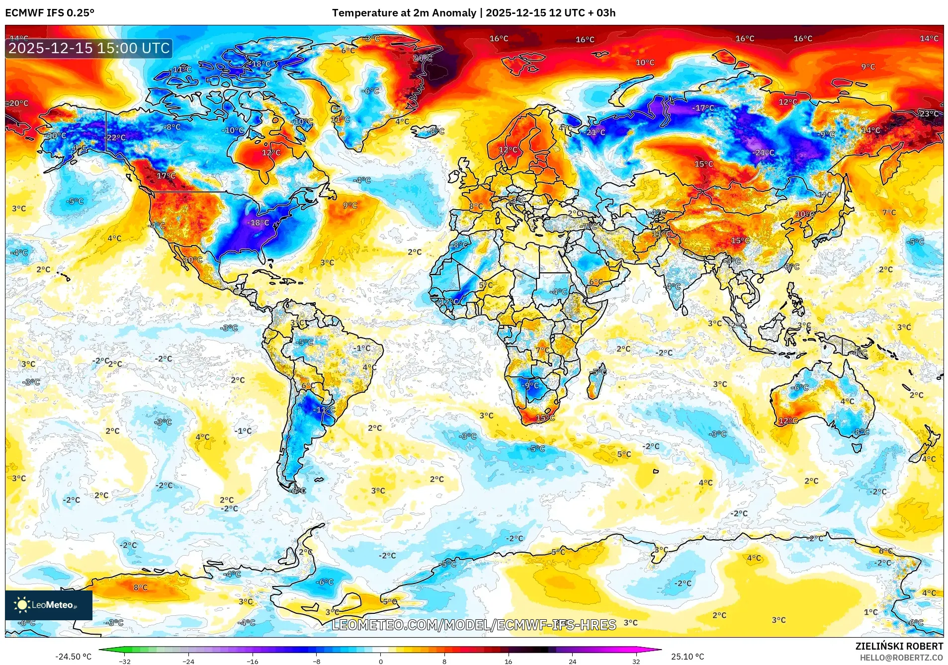 ECMWF IFS 0.25° model - World, Temperature at 2m Anomaly