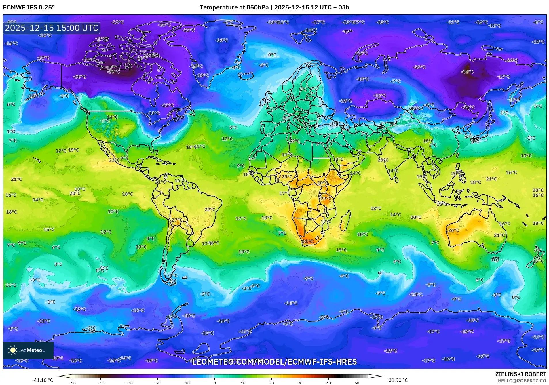 ECMWF IFS 0.25° model - World, Temperature at 850hPa