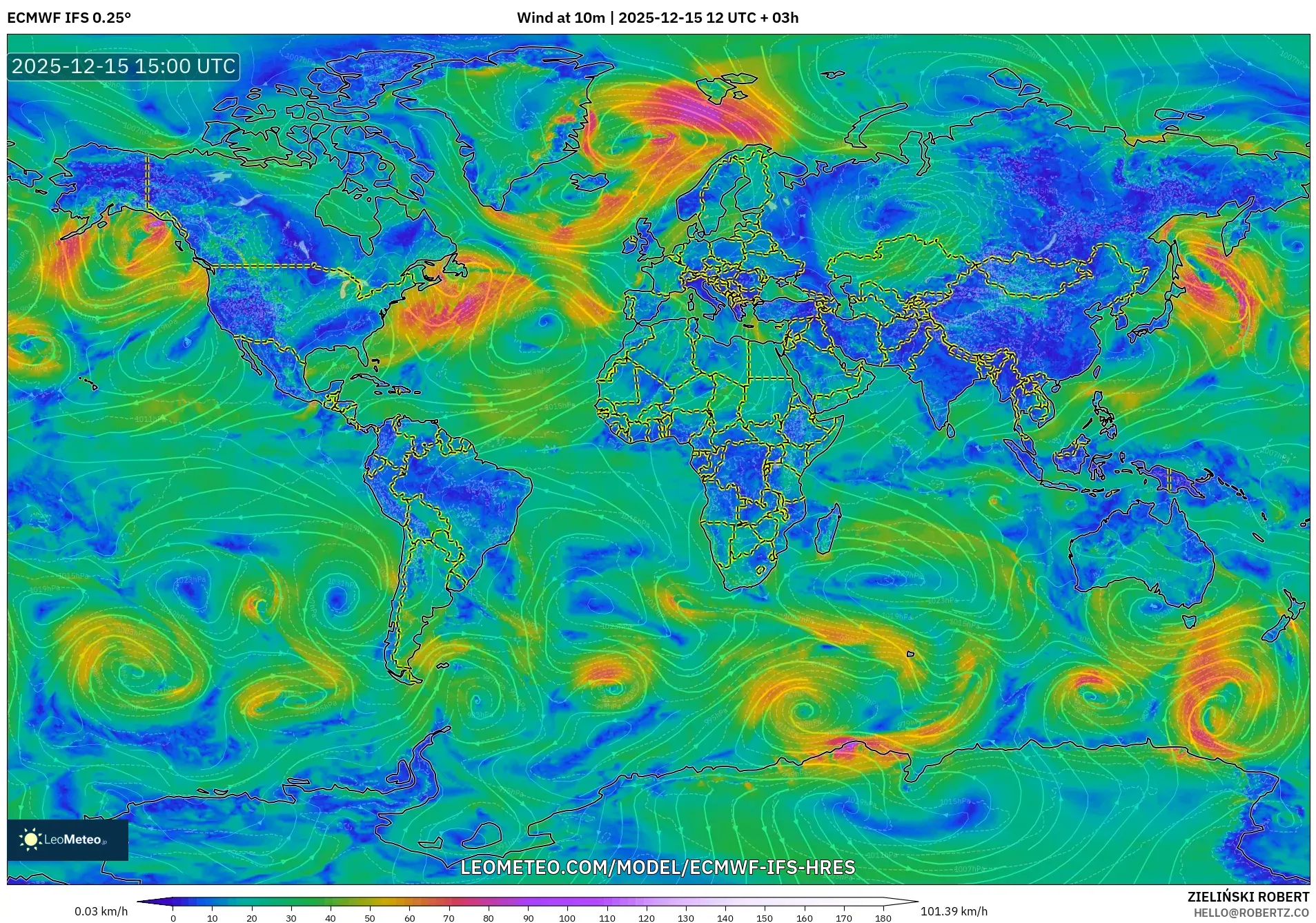 ECMWF IFS 0.25° model - World, Wind at 10m
