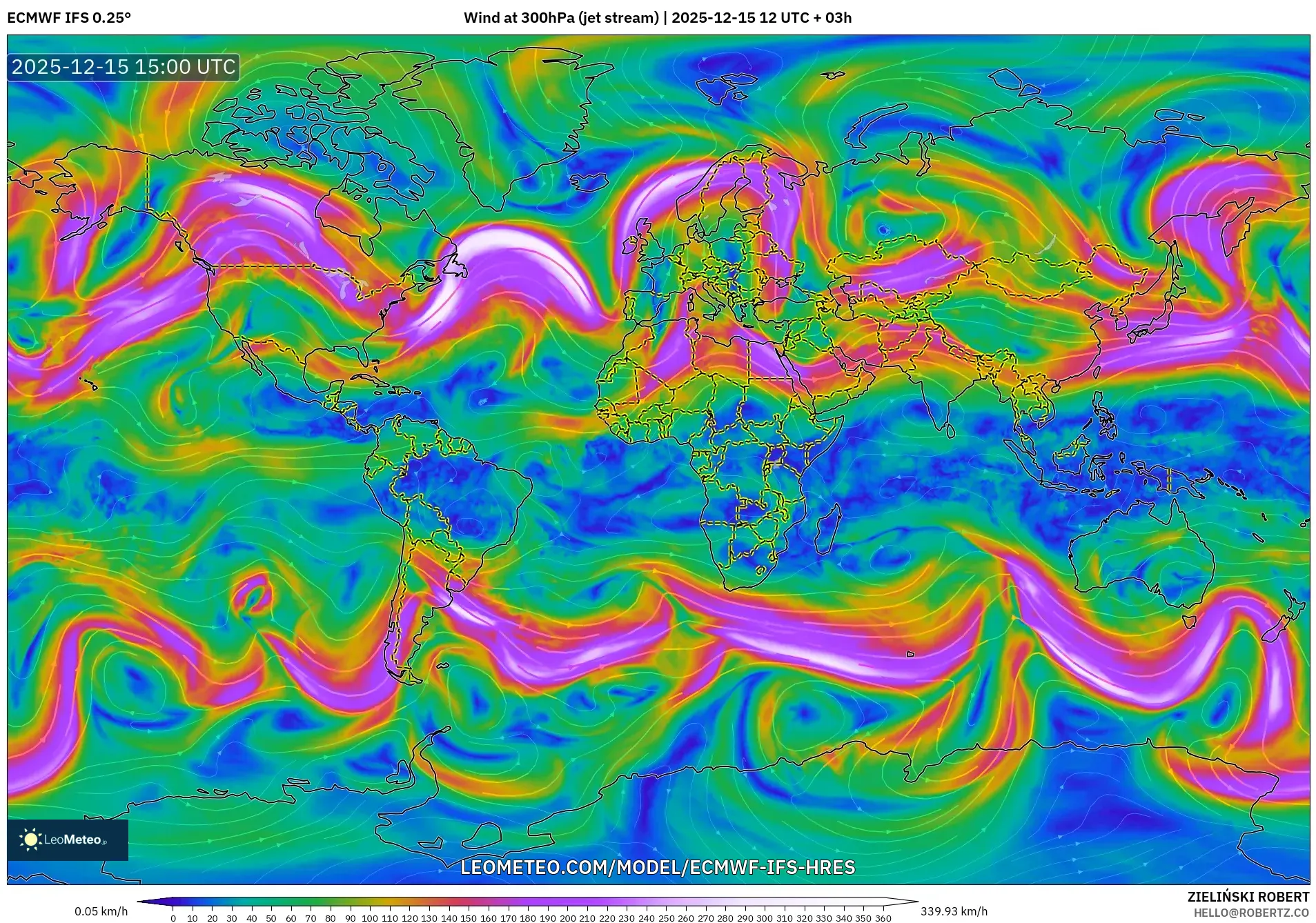 ECMWF IFS 0.25° model - World, Wind at 300hPa (jet stream)