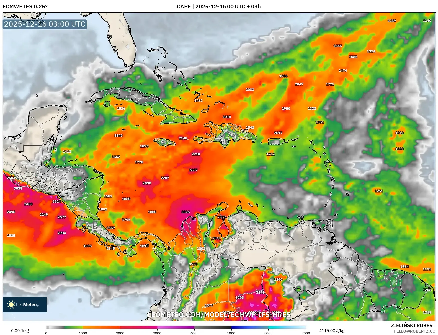 ECMWF IFS 0.25° model - Caribbean, CAPE